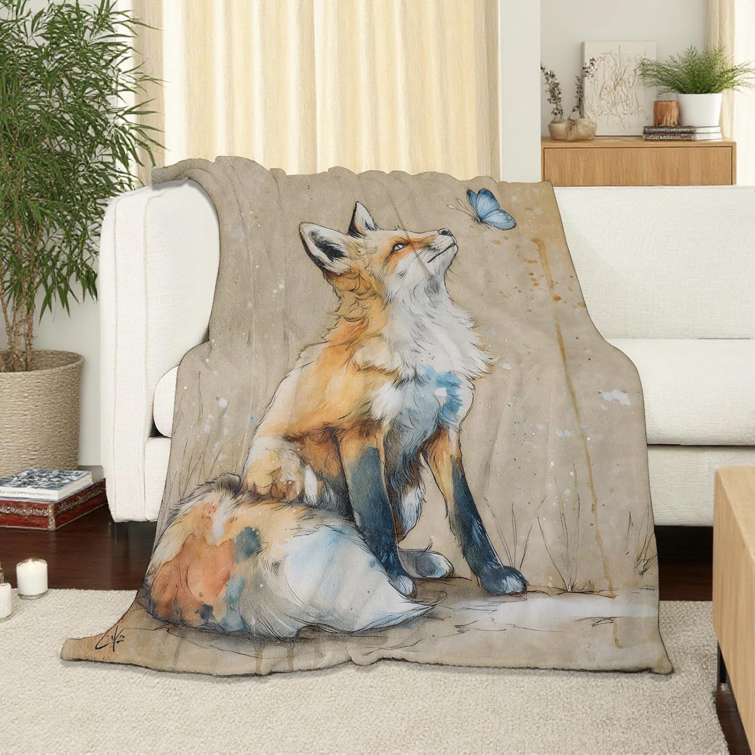 Watercolor Fox Throw Blanket Soft Cozy Lightweight Flannel Blankets with Whimsical Forest Animal and Butterfly Printed for Adults Bedroom Dorm Office Woodland Decor Gifts 50x60 Inch