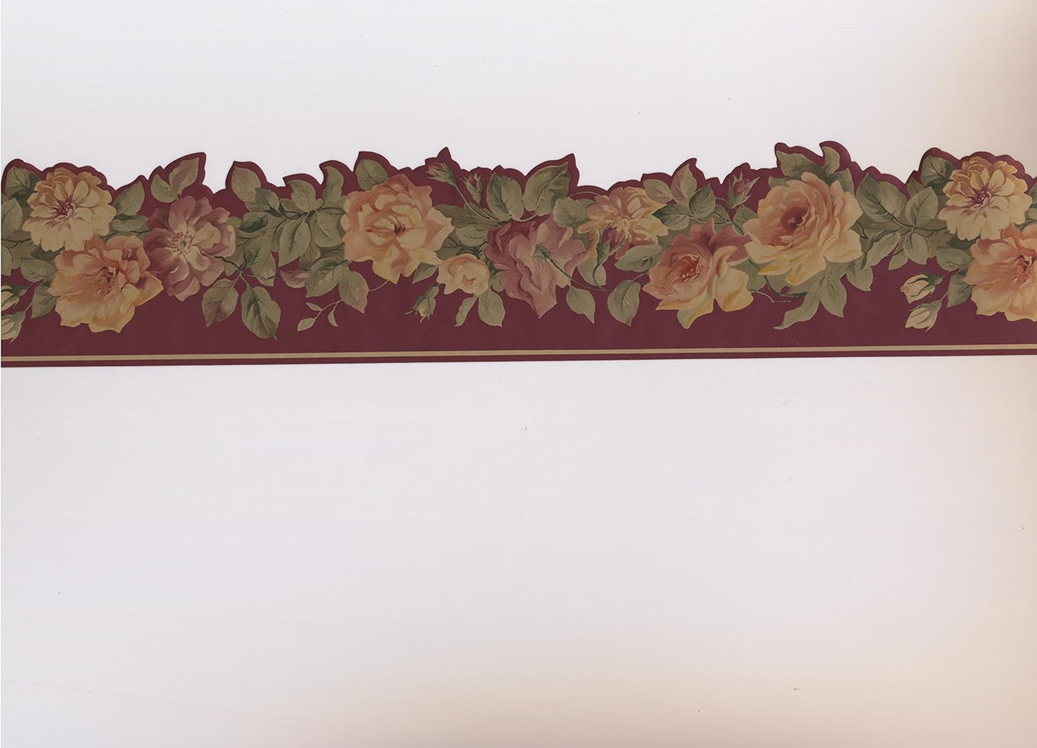 Norwall Pink Yellow Roses on Vine Red Floral Wallpaper Border Retro Design, Roll 15' x 4.75''