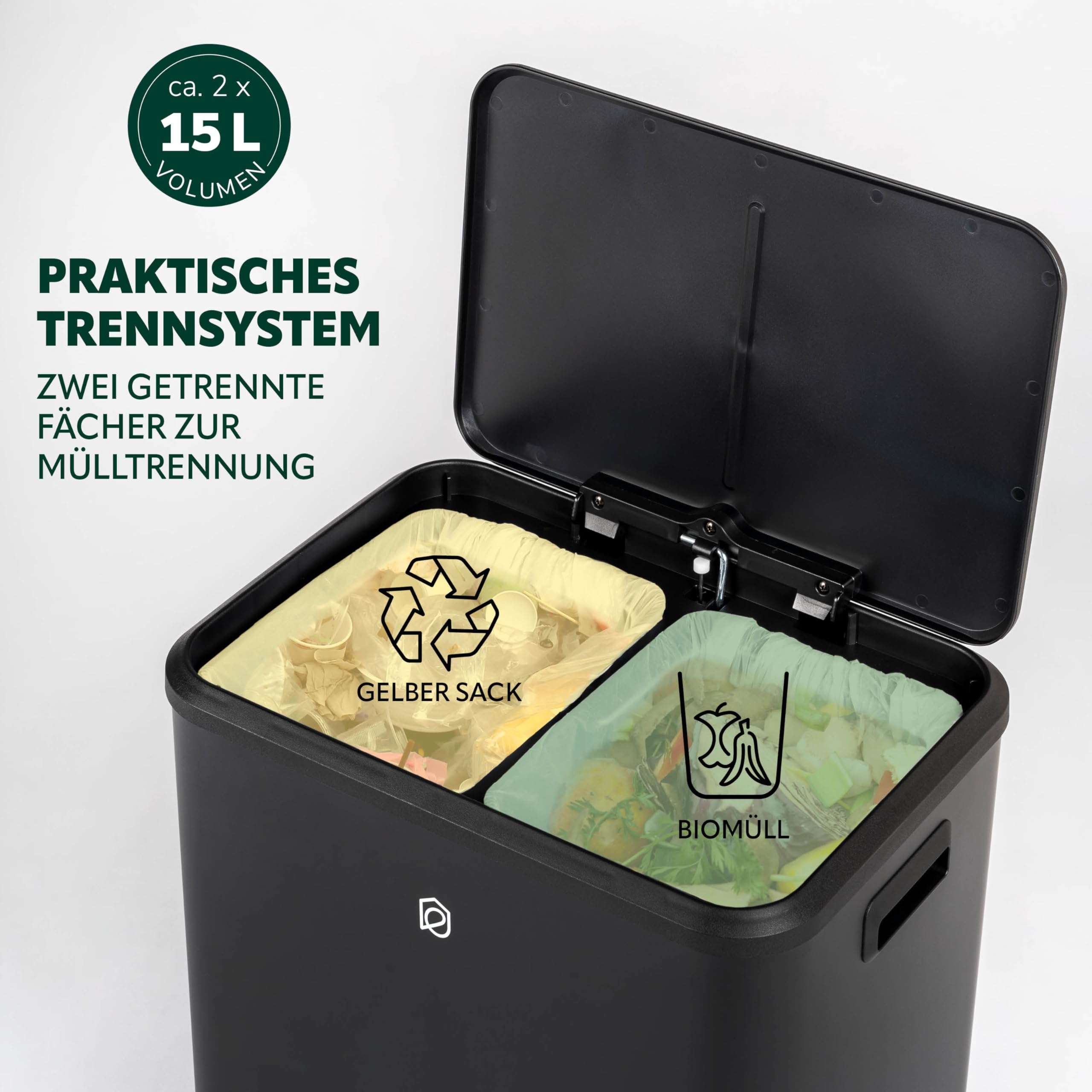 eluno Abfalleimer, Treteimer - 2 Fächern mit je 15 Liter Fassungsvermögen, herausnehmbare Inneneimer aus Kunststoff, seitliche Griffe, großes Fußpedal, Mülltrennsystem, Soft-Close Deckel (Schwarz)