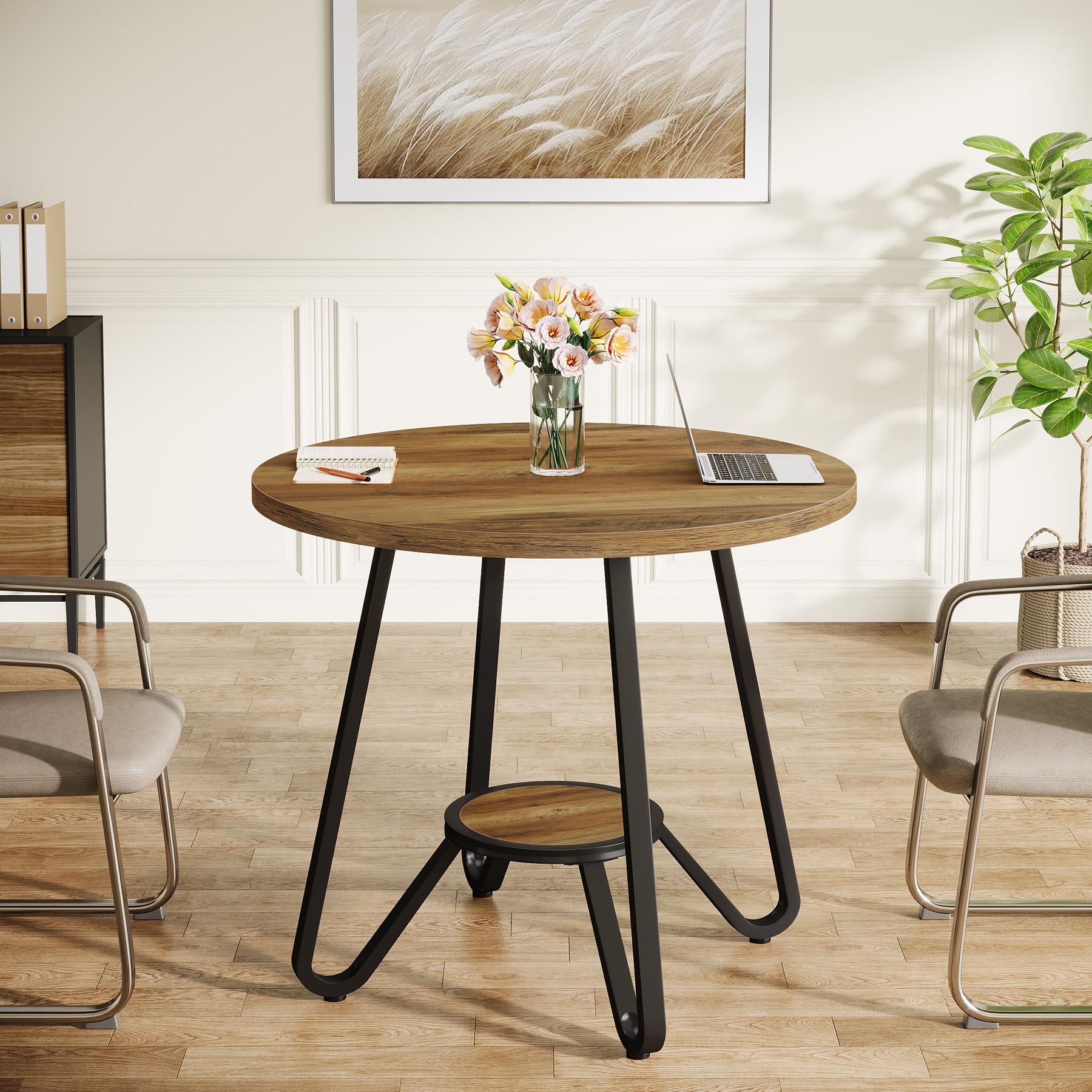 Tribesigns Runder Besprechungstisch 80×80×75 cm, Kleiner Konferenztisch für 2-4 Personen, Kompakter Holztisch für Büro und Arbeitszimmer, Braun