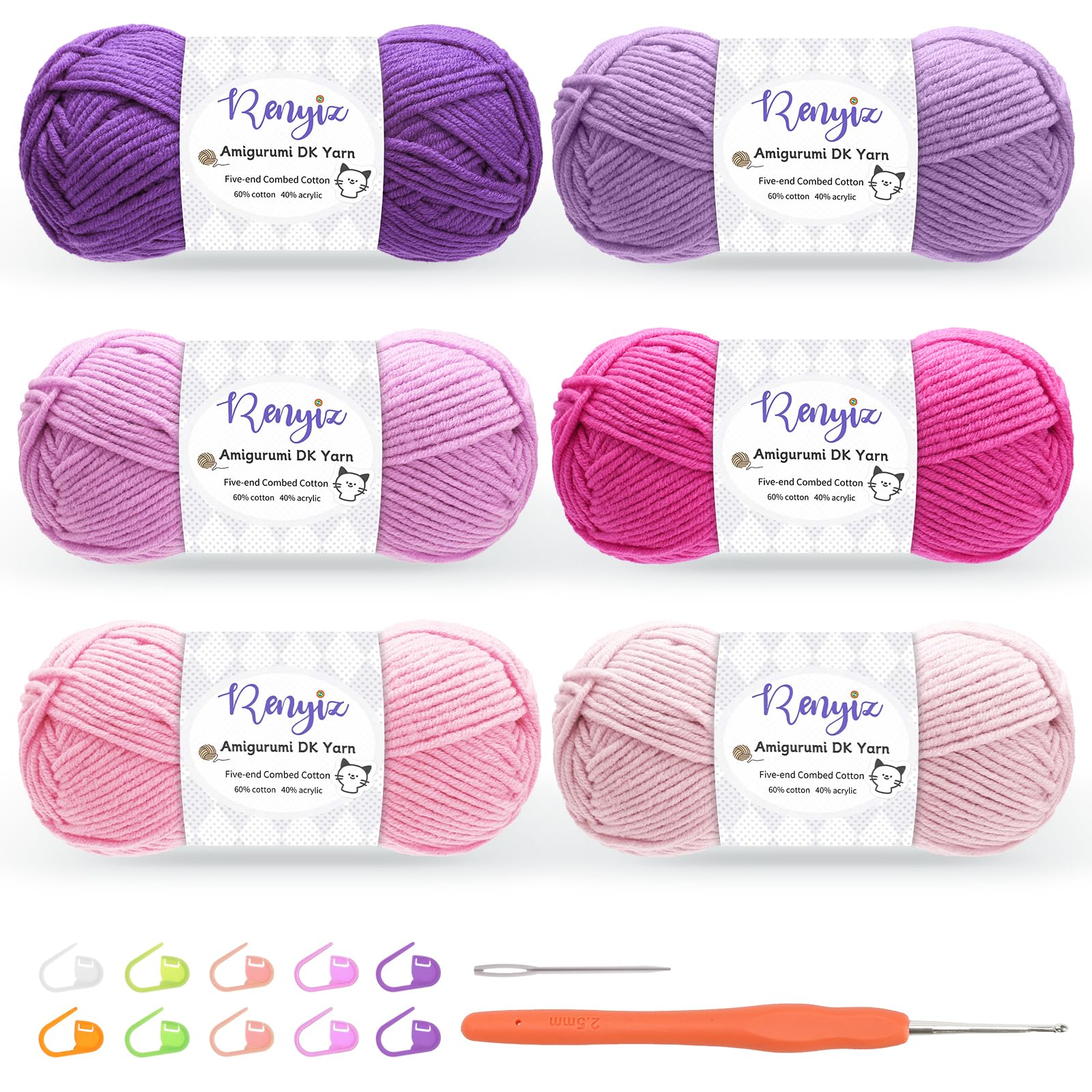 Renyiz Crochet Yarn, 6 x 50g Cotton Yarn (60% Cotton & 40% Acrylic) DK Wool for Crochet with 2.5mm Hook & Accessories, Suitable for Baby Wool Crafts & Knitting Pink — image 1