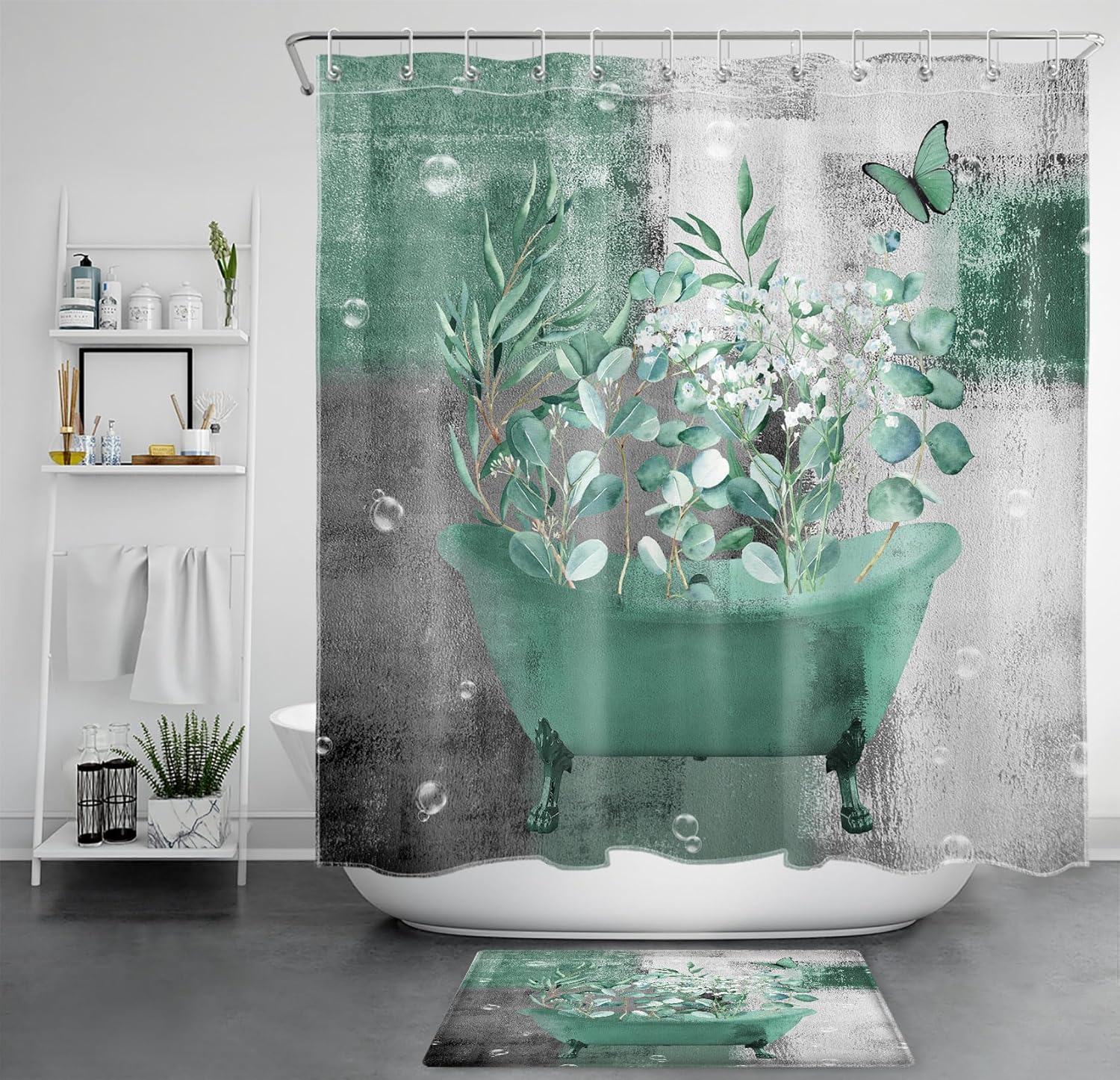 LB Sage Green Eucalyptus Shower Curtain Sets with Rugs Butterfly and Botanical Leaf in Bathtub Fabric Shower Curtain with Hooks Grey Abstract Geometric Bathroom Curtains Shower Set, 70x70 inches