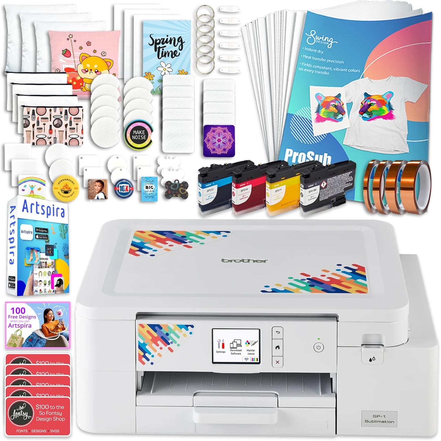 Brother SP-1 Sublimation Printer Starter Bundle with Full Ink Set, 160 Sublimation Transfer Sheets, 50 Blanks, Tape and More