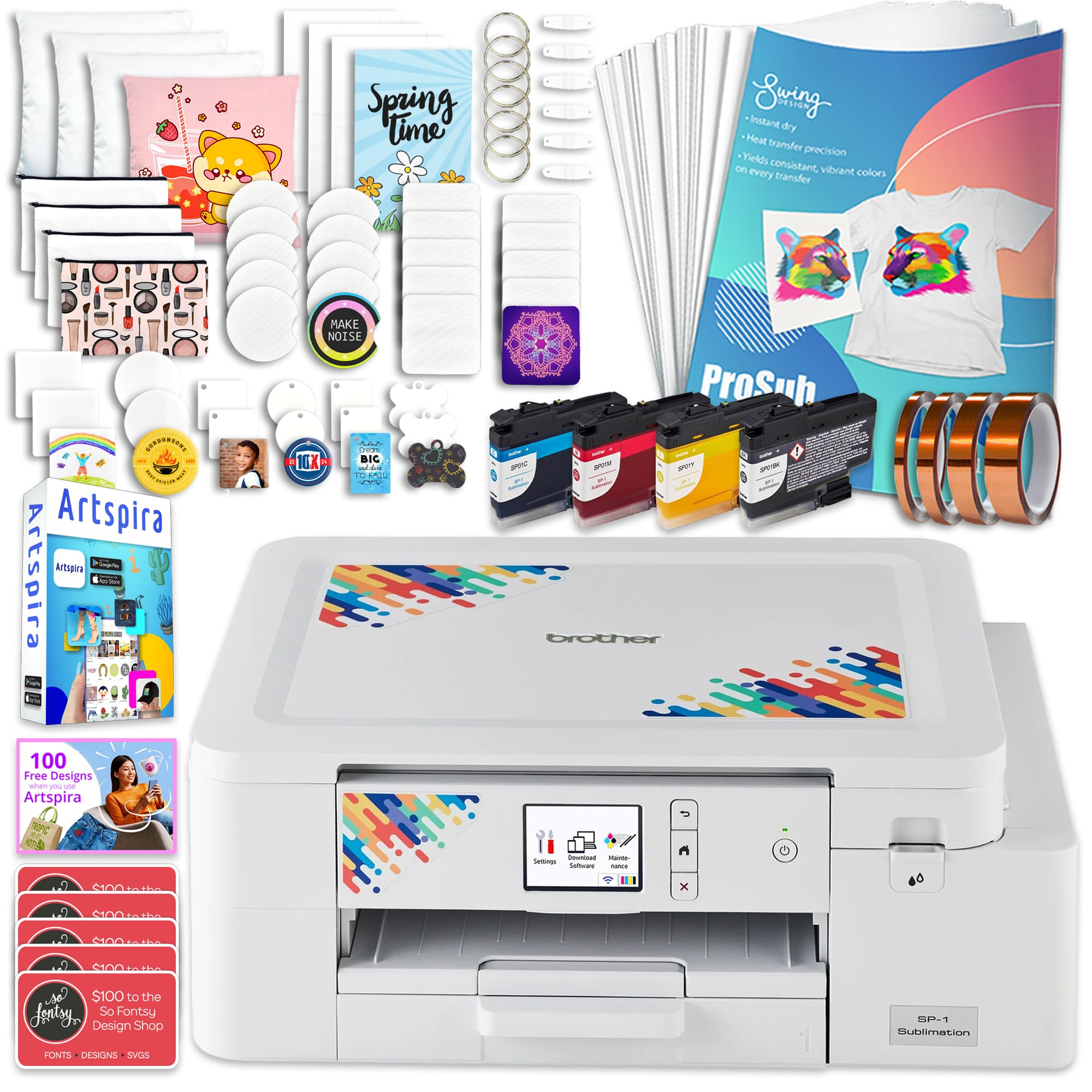 Brother SP-1 Sublimation Printer Starter Bundle with Full Ink Set, 160 Sublimation Transfer Sheets, 50 Blanks, Tape and More