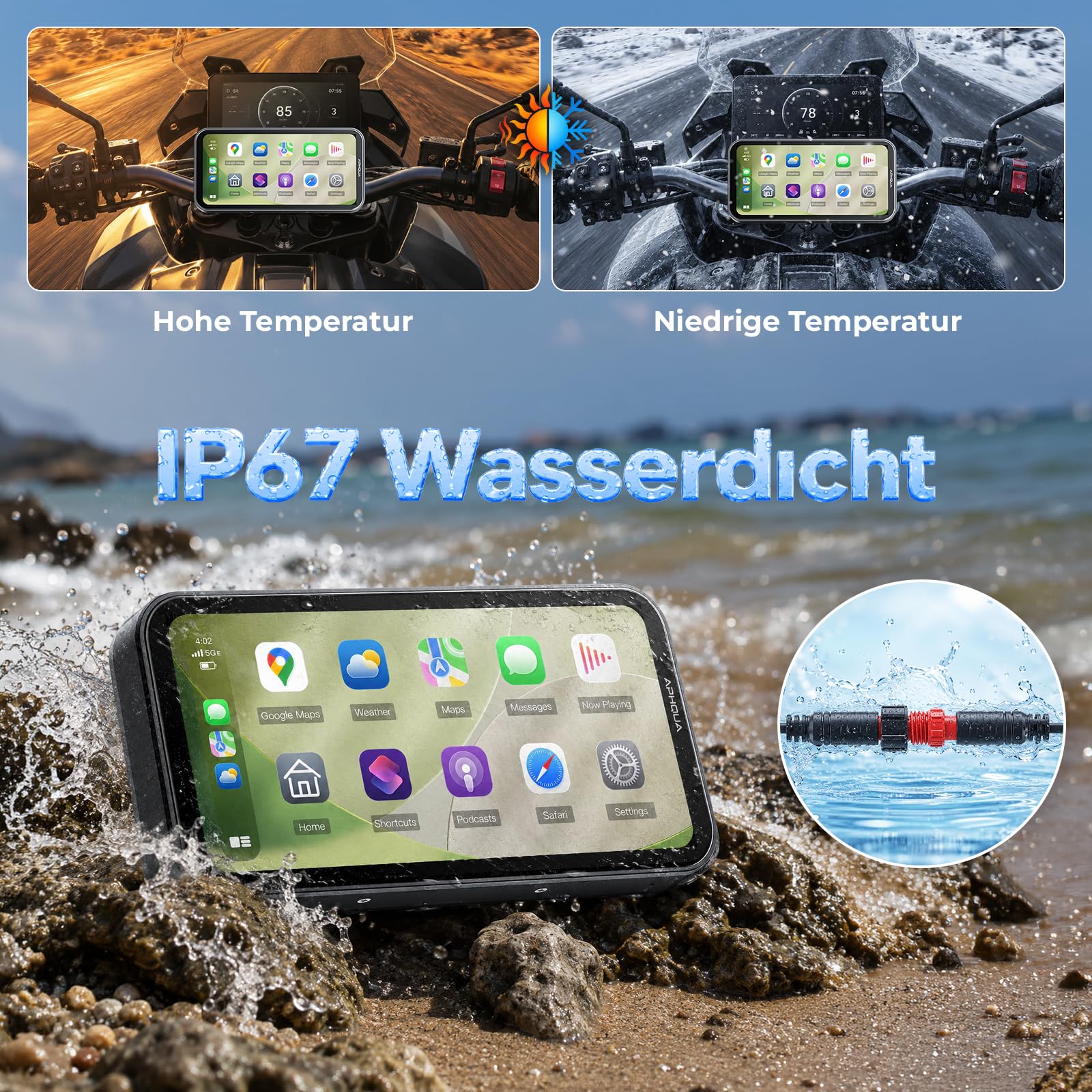 Motorrad CarPlay Display 6.25 Zoll, IP67 Wasserdicht, TPMS, USB/Acc | kabelloses CarPlay und Android Auto, (TPMS), Dual-Bluetooth, GPS, USB/Acc-Stromversorgung