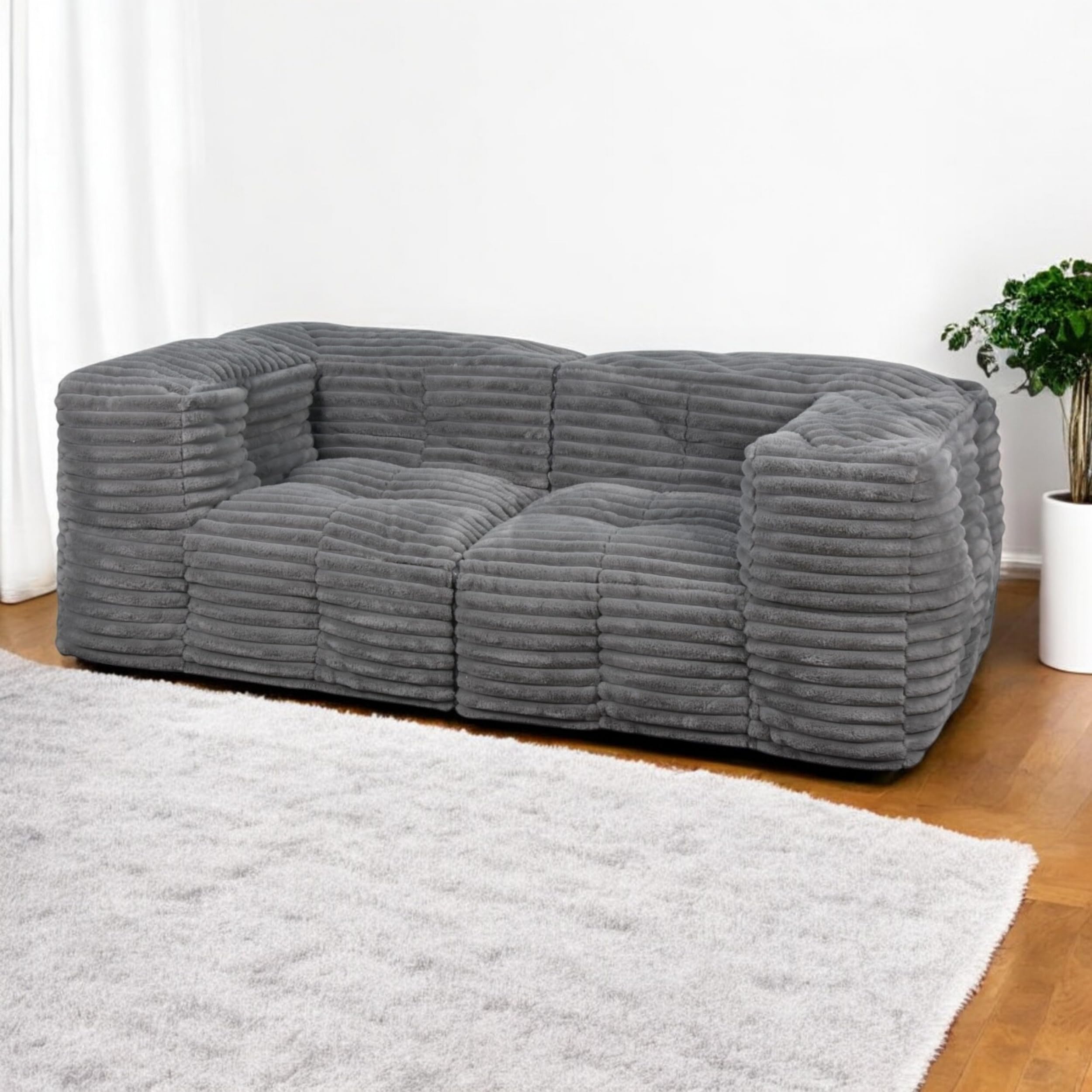 bananair 3-osobowa sofa z prążkowanym sztucznym futrem, miękka i wygodna, wyściółka z pianki i włókien, innowacyjna modułowa konstrukcja bez kości, łatwo przekształca się w 2 worki do siedzenia
