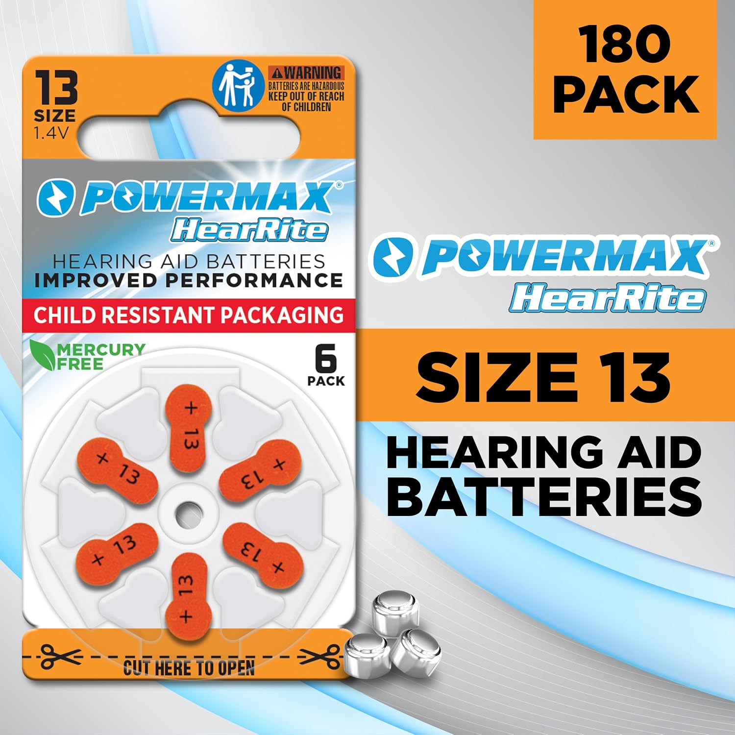 Powermax Size 13 Hearing Aid Batteries, 180 Count Long-Lasting Battery Pack, Orange Long Tab for Easy Change image 2