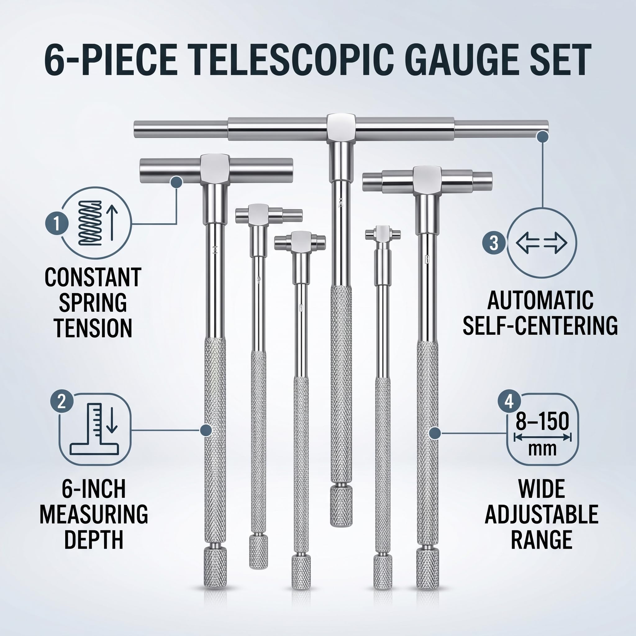 Calibro Telescopico, Set di calibri telescopici da 6 pezzi per la misurazione micrometrica del diametro interno regolabile 8-150 mm