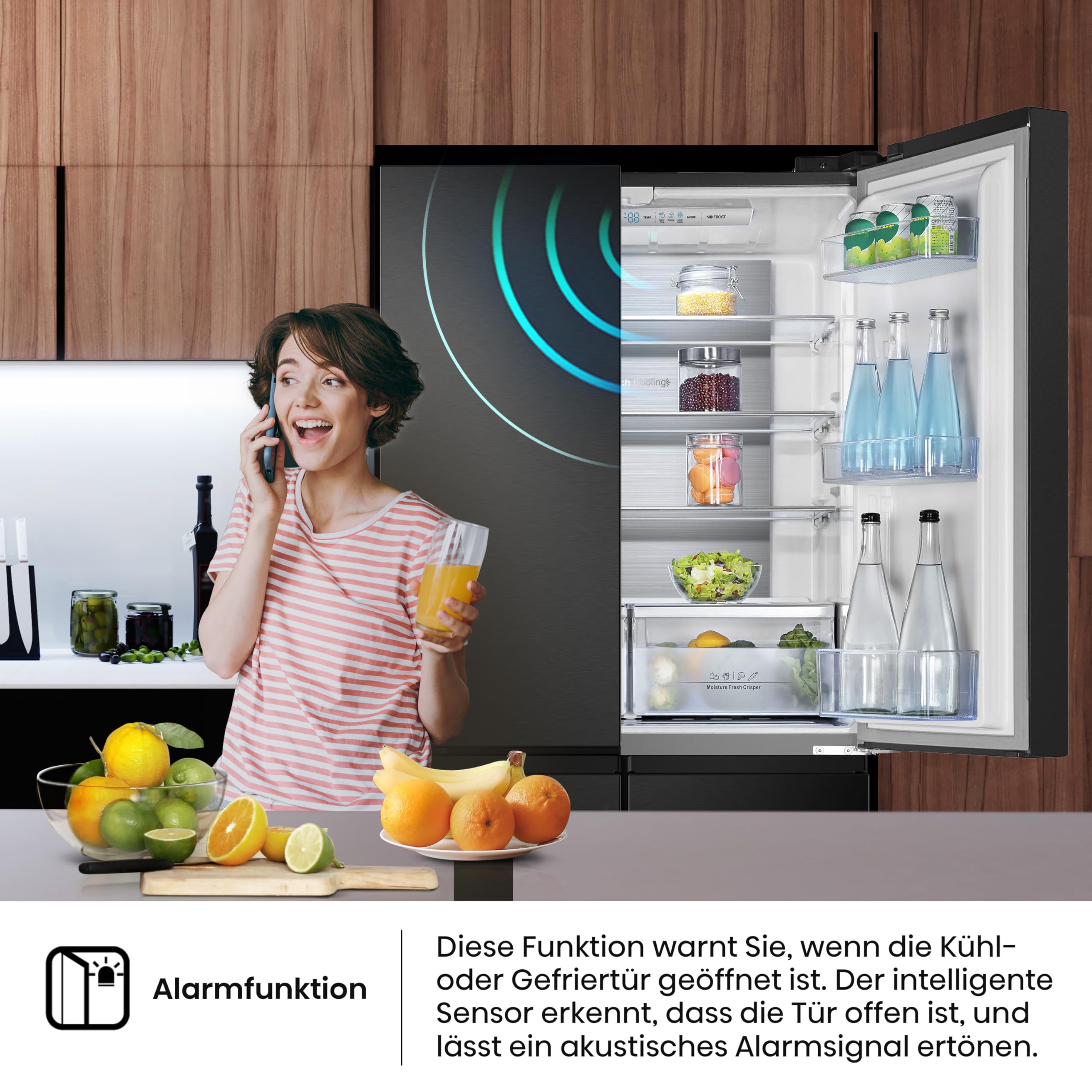 Hisense RQ563N4SF2 Cross Door Kühl-Gefrierkombination/ NoFrostPlus/ Inverter-Kompressor/ HolidayMode/ SuperCool/ 181 cm/ Kühlteil 294 l/ Gefrierteil 160 l/ 40 dB/ 279 kWh/ Jahr/ Schwarz