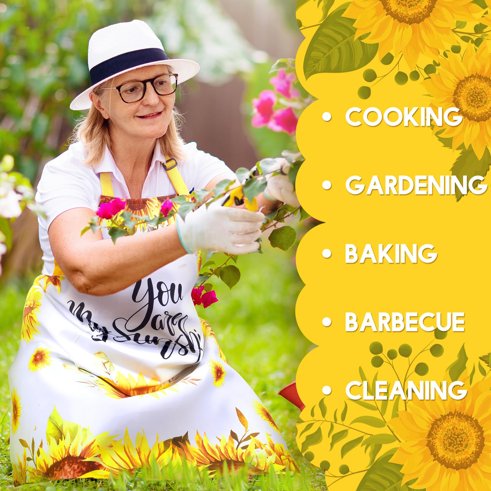 Geetery 4 delantales impermeables de girasol para mujer, para cocina, cocina, lindas flores, rayas, ajustables, con lazos largos (clásico)