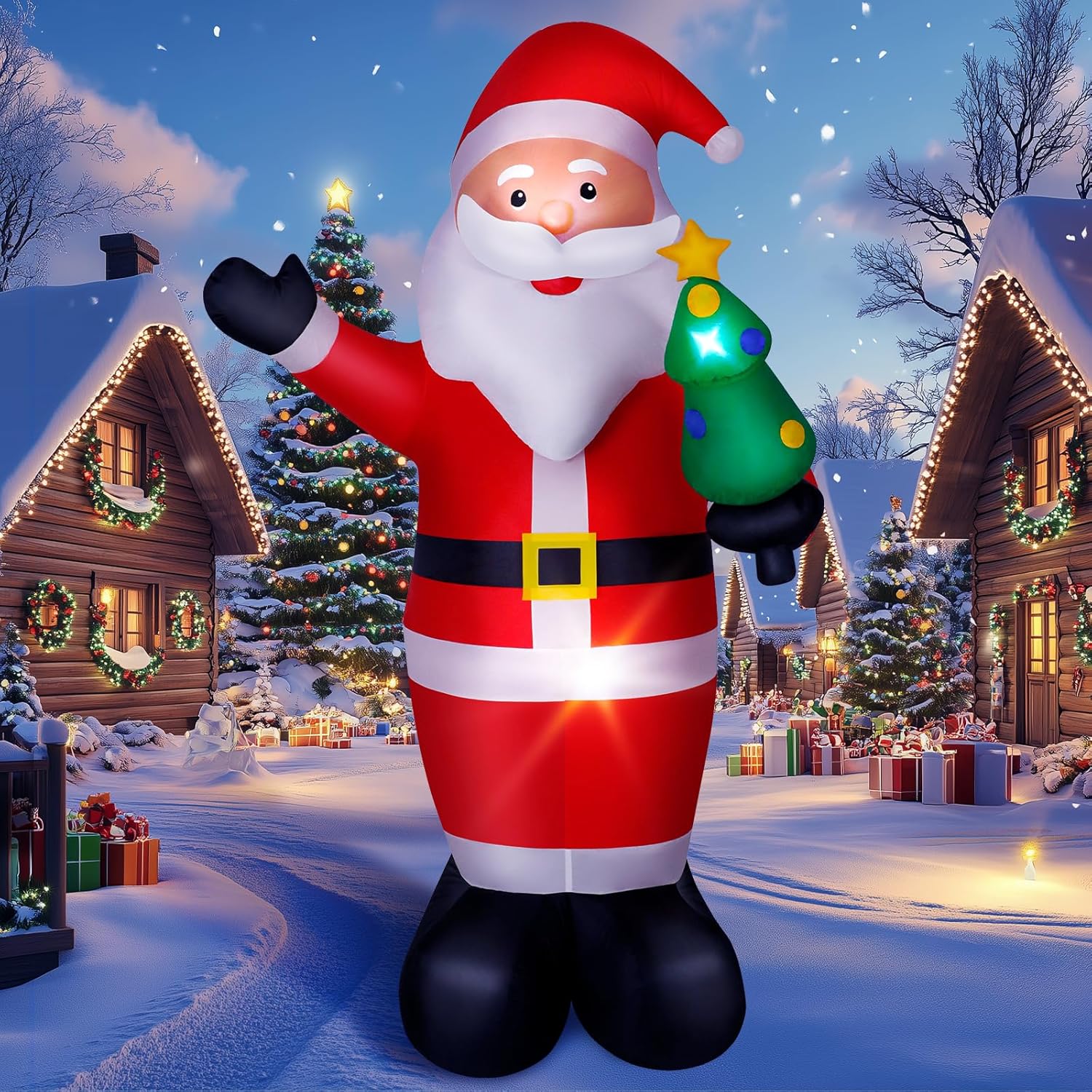8FT Christmas Inflatable Santa Claus Outdoor Decorations, Inflatable Santa with Xmas Tree Built-in LED Lights, Blow Up Yard Decorations for Holiday Xmas Party Indoor Garden Lawn