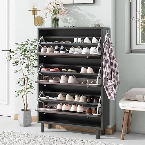 Zapatero de entrada, 3 cajones abatibles, gabinete de almacenamiento de zapatos delgado oculto con ganchos para colgar para sala de estar, gabinete