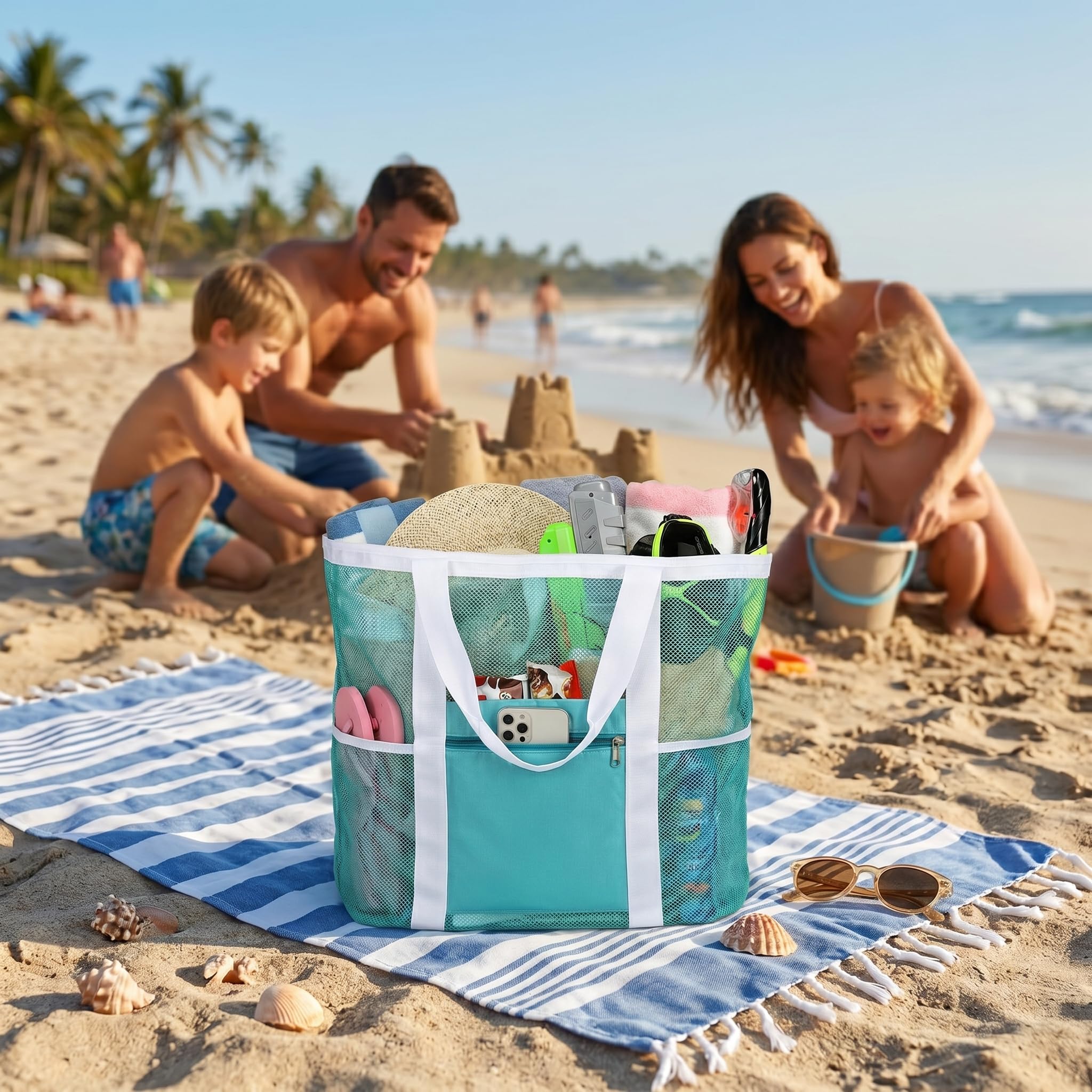 F-color Netz-Strandtasche Familie – große Tragetasche mit 9 Taschen für Schwimmbad, Spielzeug, Kreuzfahrt, Strand, Urlaub, Essentials, Minzgrüner Basisgriff, X-Large with Water-resistant Bottom