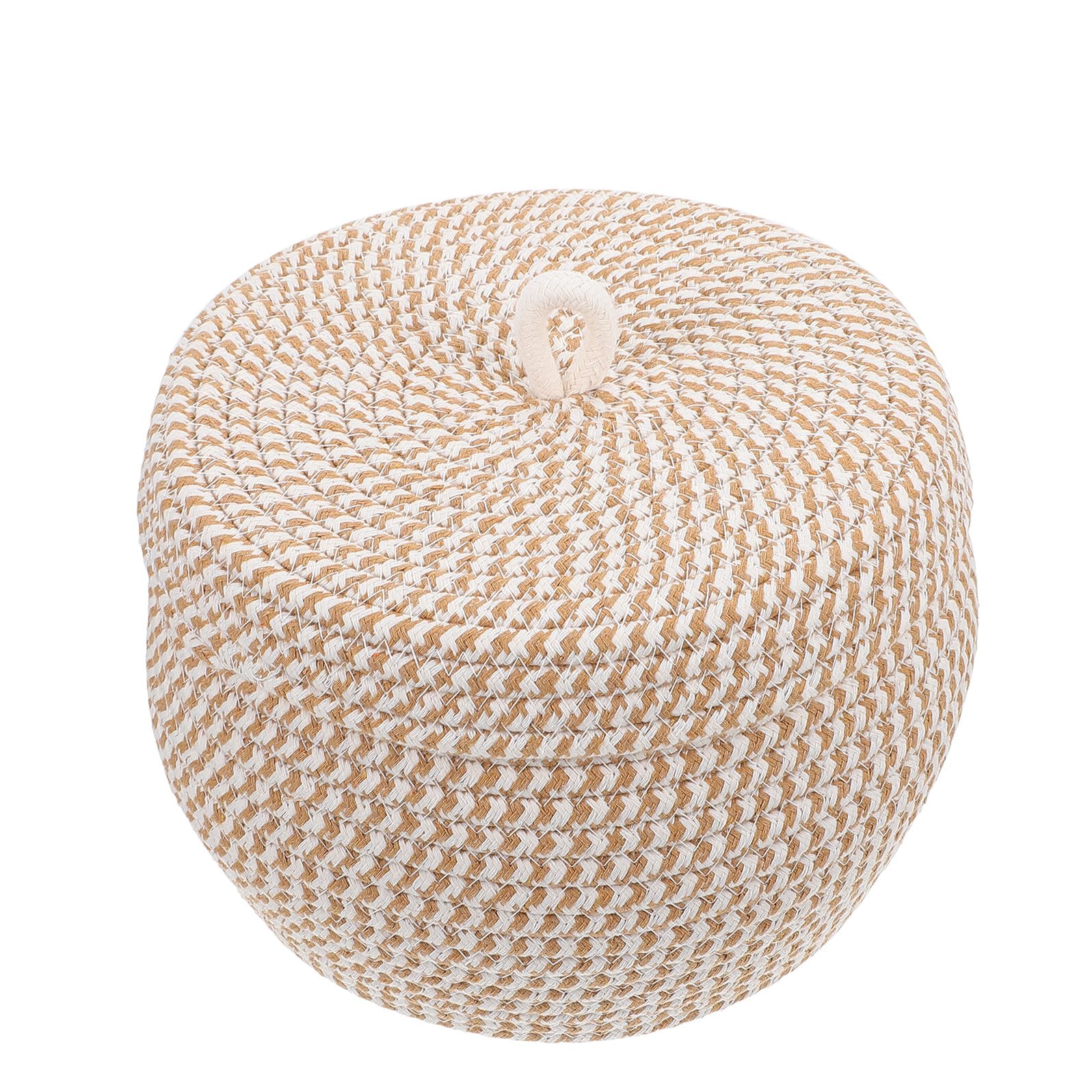 Panier de rangement en corde de coton kaki et blanc avec couvercle taille moyenne