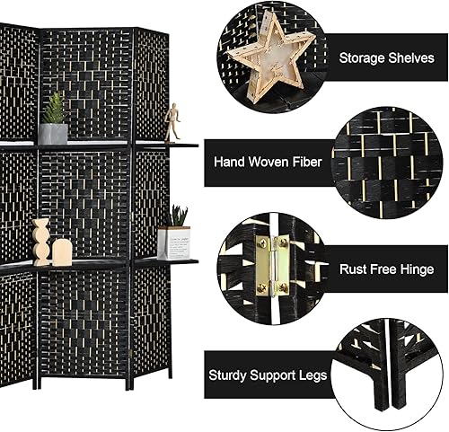 Miniatura 3 de Giantex Divisor de habitación de 6 pies y 6 paneles con estantes, pantallas de privacidad plegables de ratán tejido a mano para separación de Negro