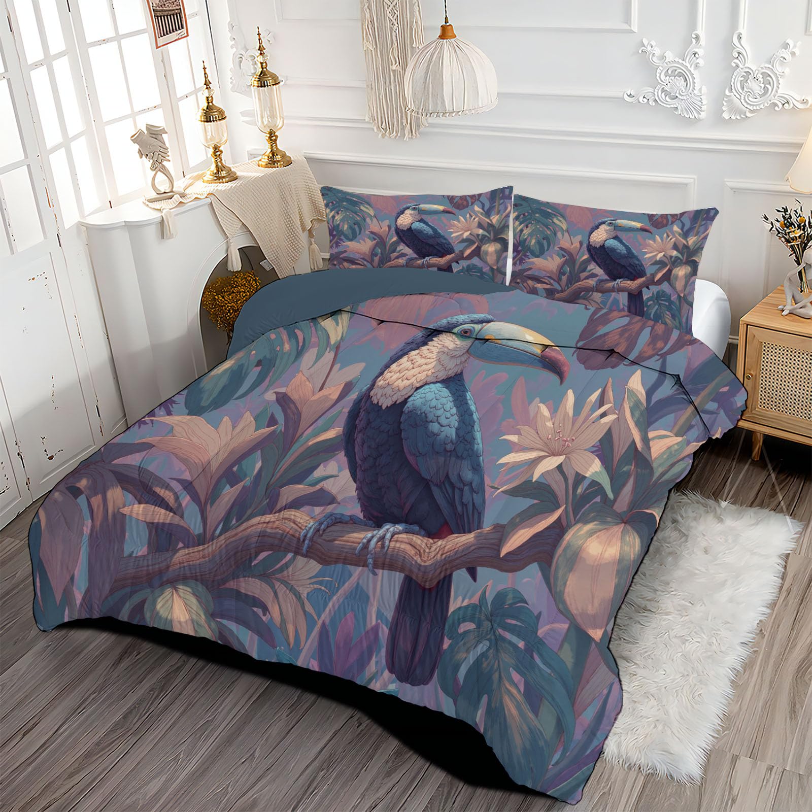 Trapunta Letto Singolo 4 Stagioni Piumone per Bambini, Retro Tucano Leggero Foresta Pluviale Tropicale Astratta Set di Biancheria da Letto 140x200cm con 1 Federe,Piumino Lavabile In Lavatrice