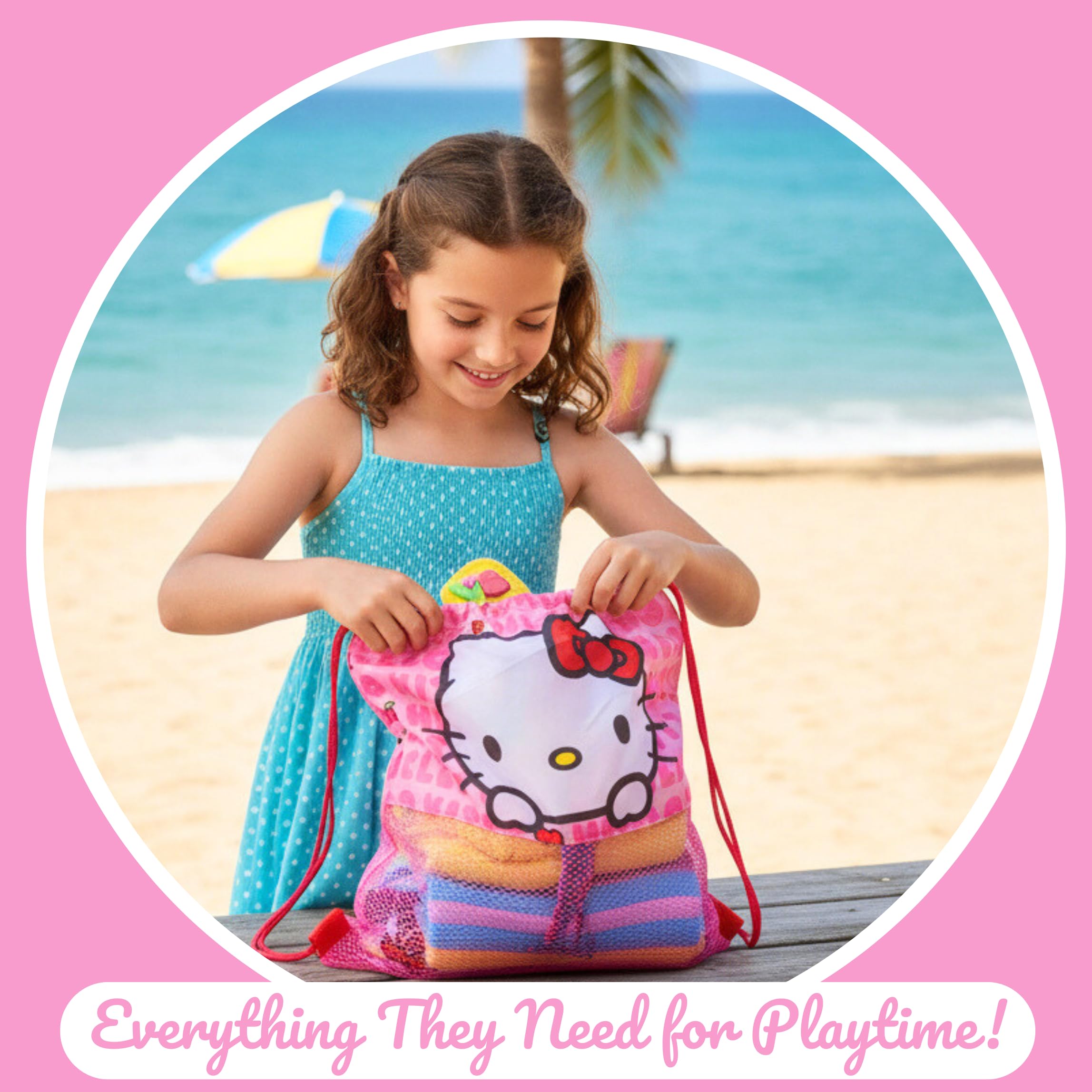 Hello Kitty Gorra de Beisbol Toalla y Mochila Saco Cordón, Set 3 Piezas Infantil, Regalo de Verano Playa Piscina Excursiones para Niñas