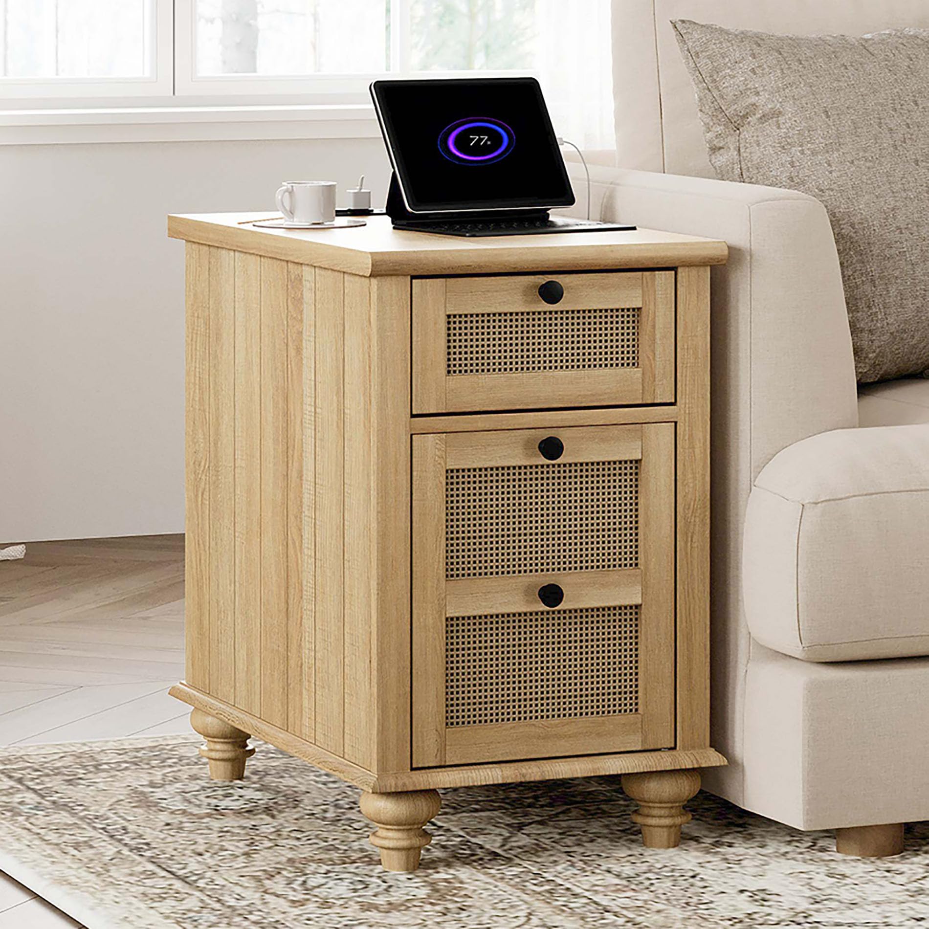 WAMPAT Farmhouse End Table with Charging Station, Rattan Side Table with Drawer & Storage Cabinet, Wooden Oak Nightstand with Power Outlets & USB