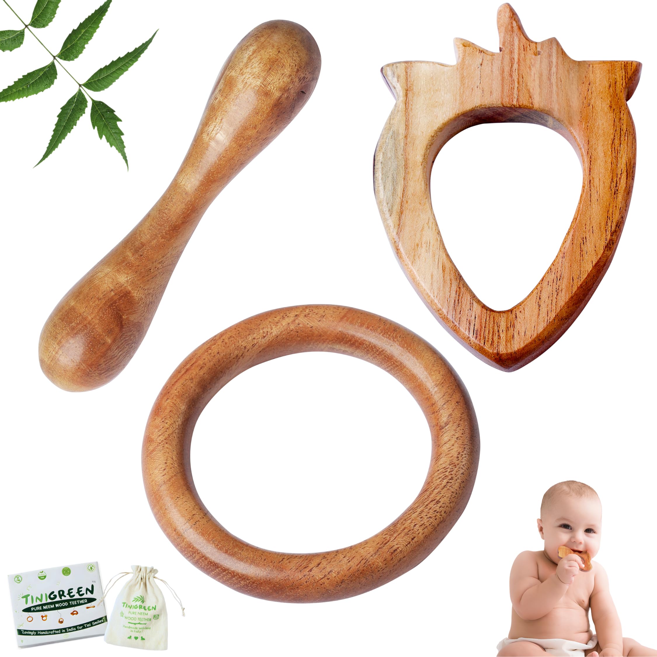 Neem Wooden Baby Teether Stawberry & Ring Shape Dumbbell Shape Organic Neem Wood Teething Toy for Infants 3–12 Months Handcrafted Natural Baby Teether (Pack of 3)-image-48