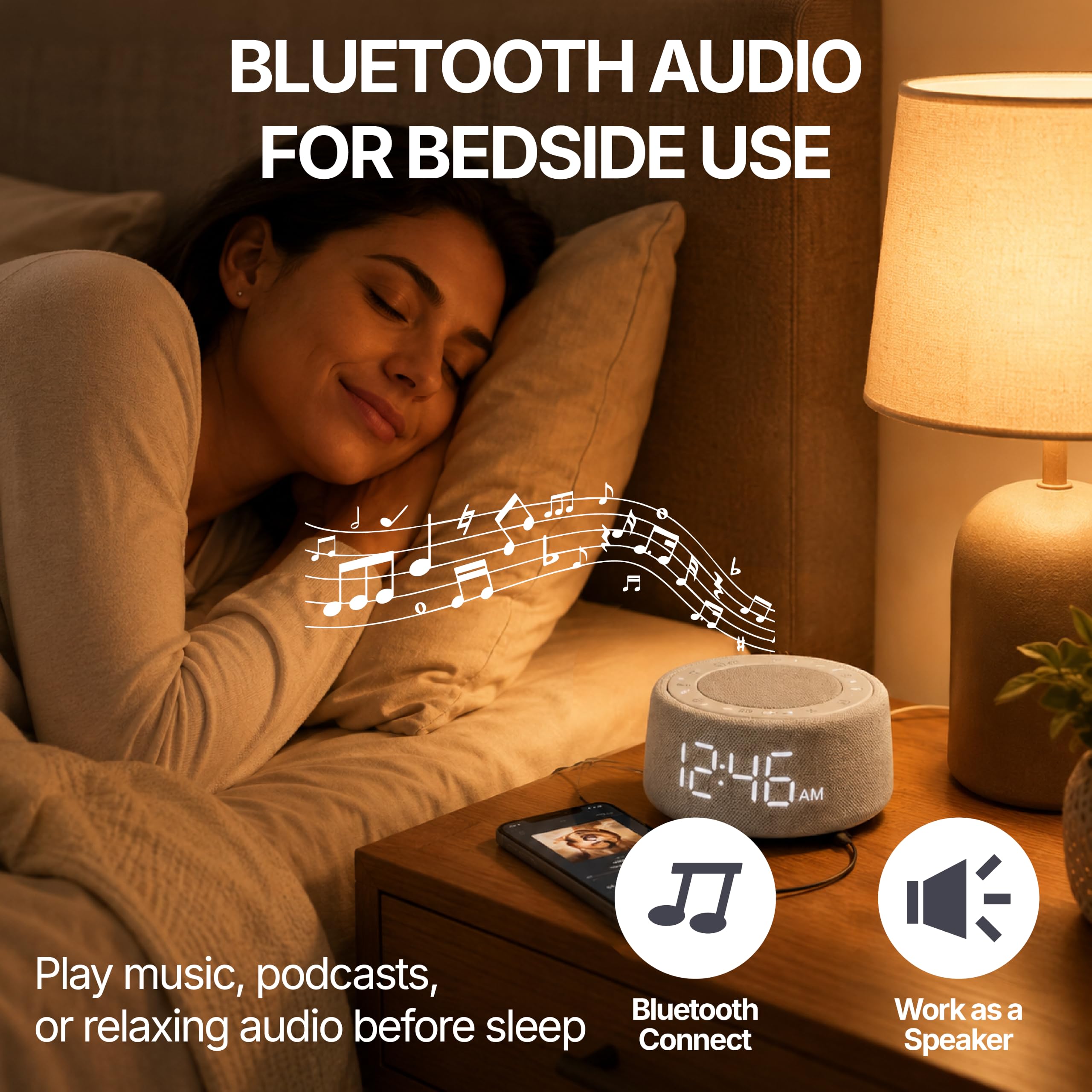 Wecker mit weißem Rauschen für Schlafzimmer, Bluetooth-Lautsprecher mit Schlafgeräuschen und Umgebungsnachtlicht, digitale Nachttischuhr für Erwachsene und schwere Schläfer, Grau