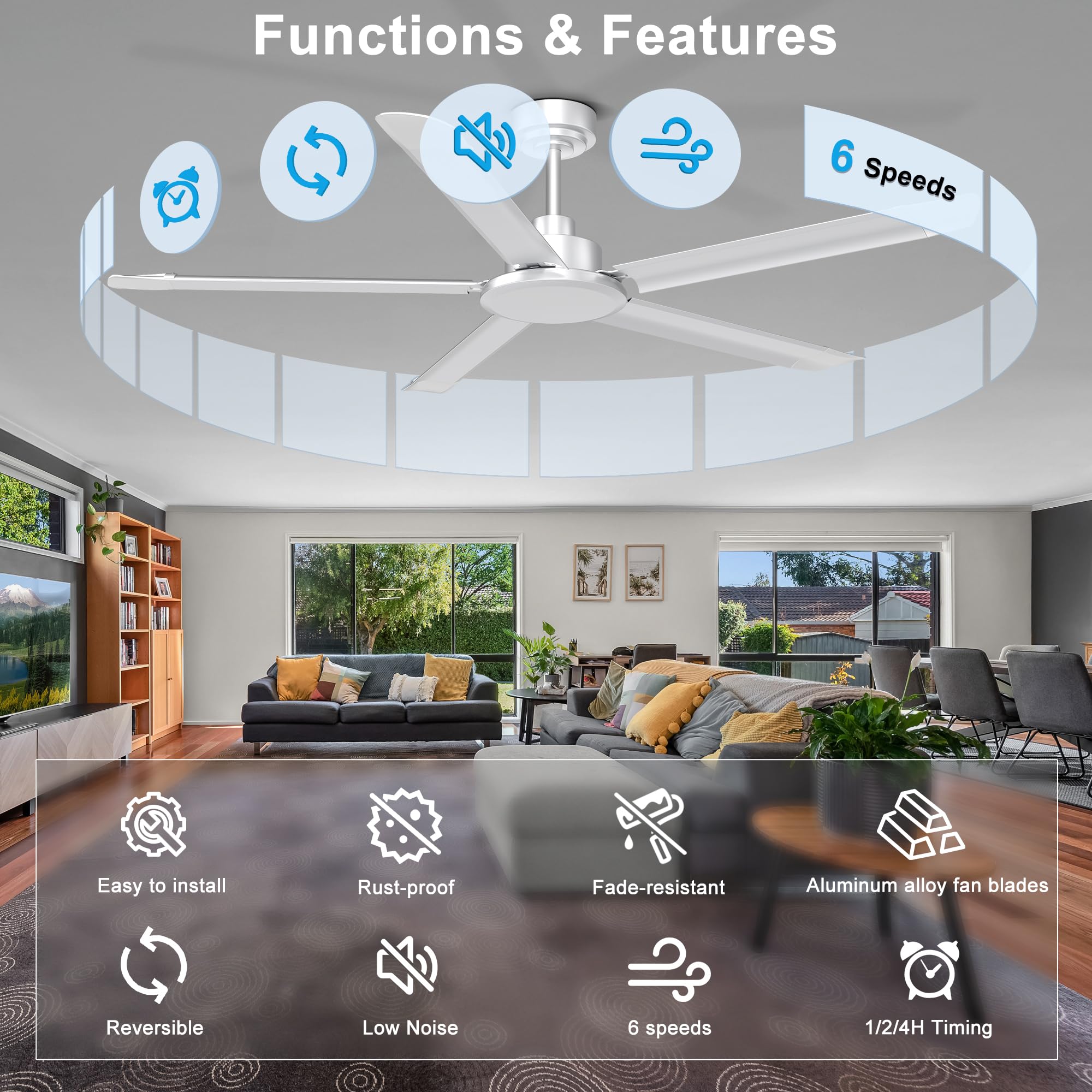 Ohniyou 152 cm Deckenventilator Ohne Licht – Großer Industrieller Deckenventilatoren Mit Fernbedienung & App-Steuerung, 5 Aluminiumflügel, Leiser DC-Motor Für Terrasse, Wohnzimmer, Garage, Silber