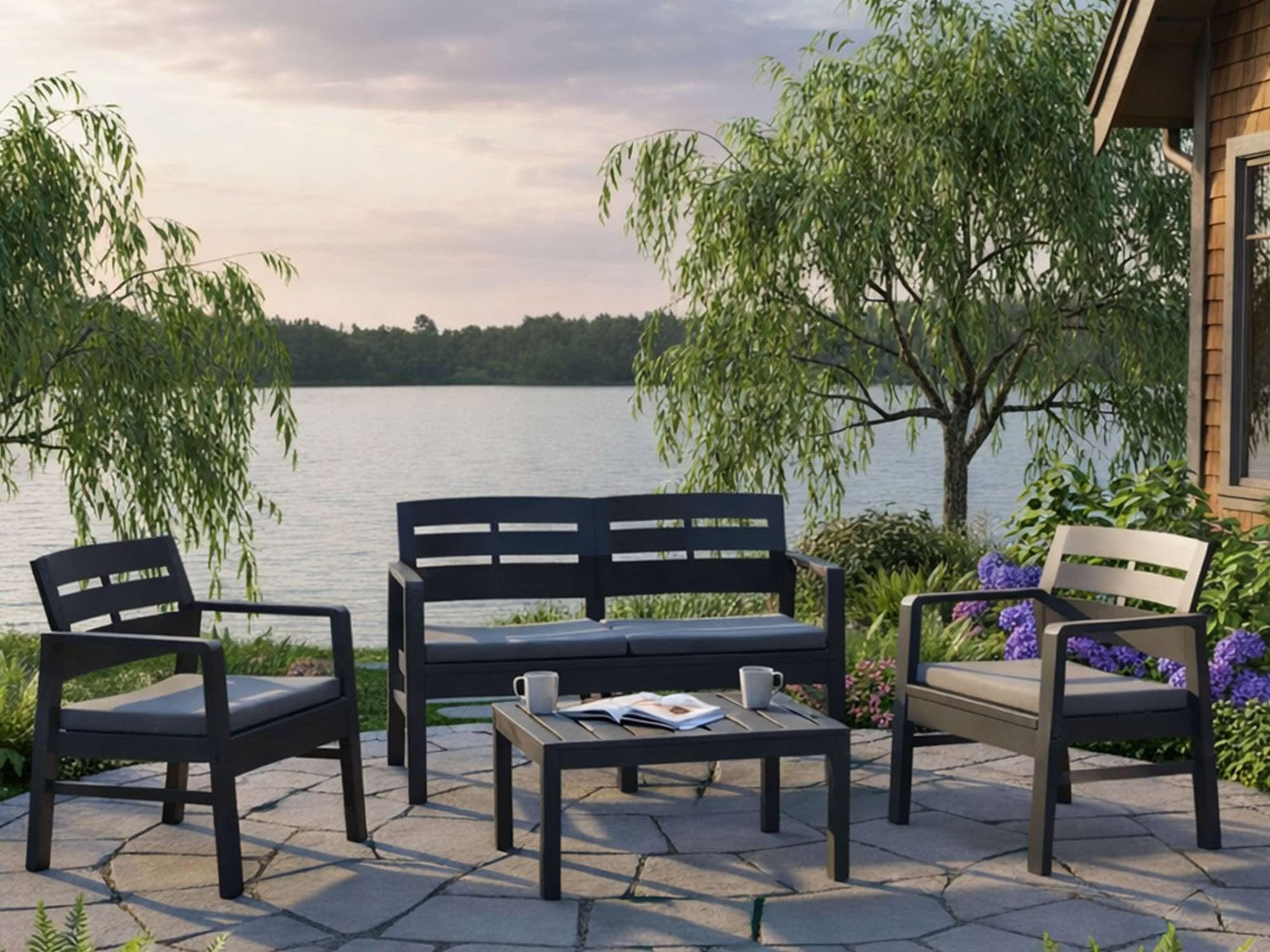 Dmora - Set Salotto da Esterno Massa, Composizione da Giardino con 2 poltrone, 1 Divano ed 1 tavolino, Salottino Indoor e Outdoor con Cuscini, 100% Made in Italy, Antracite