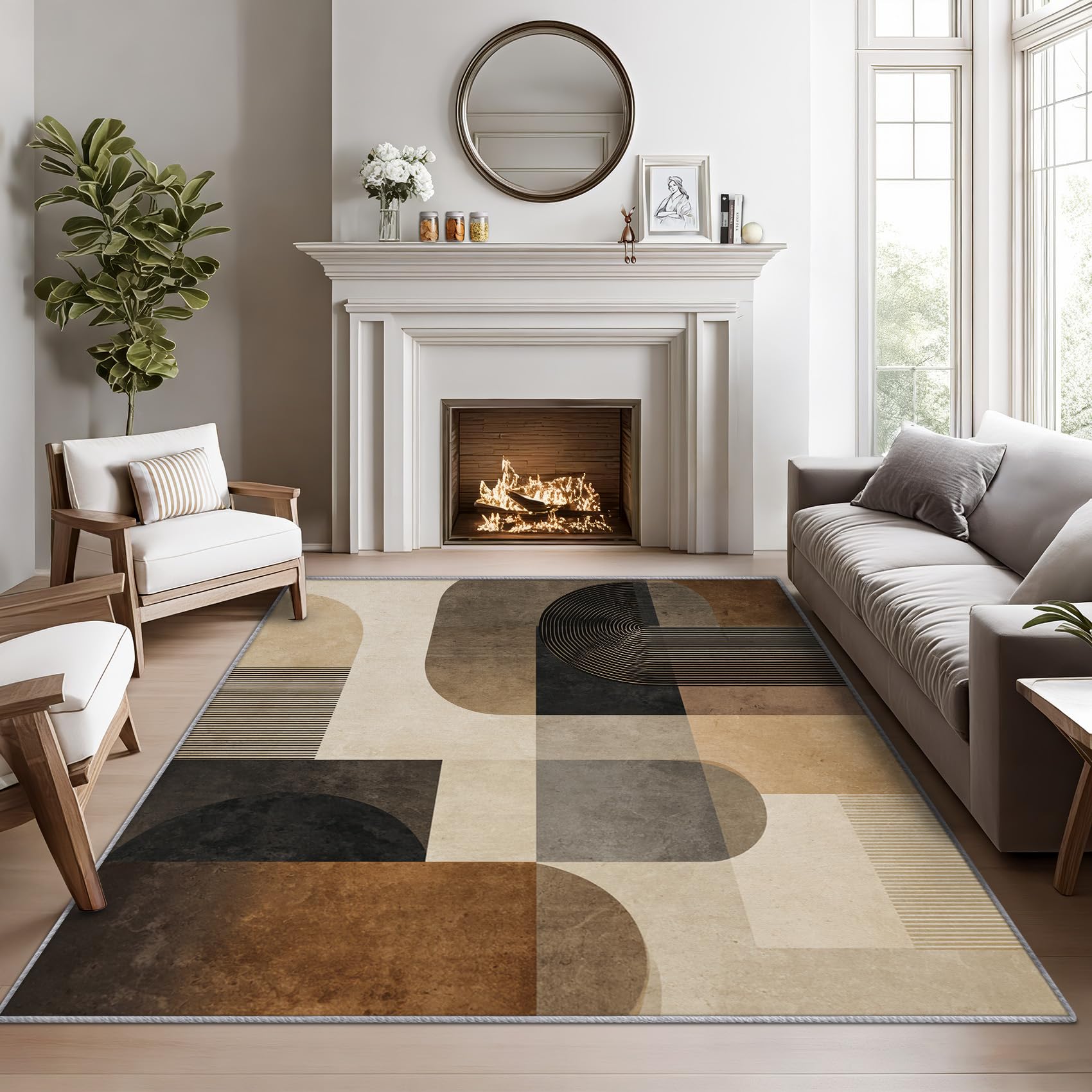 Phtbz Earth Tone Rugs for Living Room - 8x10 Area Rugs, Mid Century Living Room Rug, Boho Geometric Rug for Bedroom, Modern Abstract Washable Carpet,