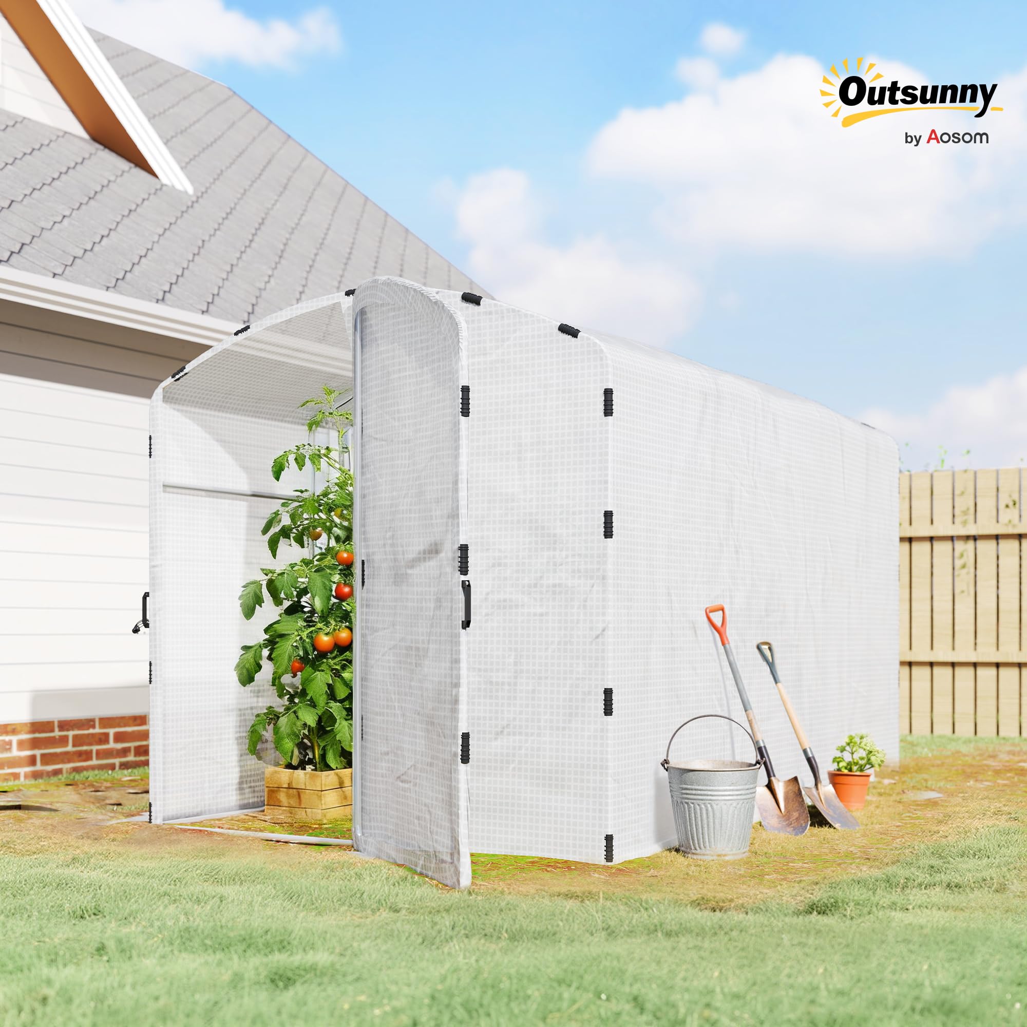 Outsunny Serre Tunnel de Jardin 6m², Serre de Jardin Tunnel 300x200x195cm bâche PE 220g/m², Bords prolongés 50 cm, avec Porte, pour extérieur, Toutes Saisons, légumes, Fruits, Fleurs, Blanc