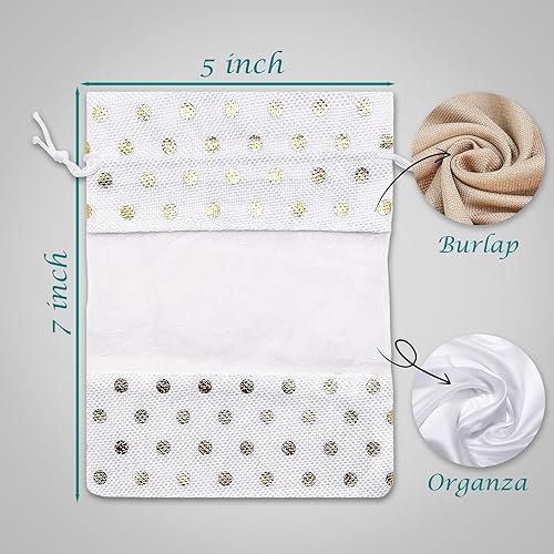Miniatura 3 de The Display Guys - Paquete de 12 bolsas de regalo medianas de lino y organza con cordones (5 x 7 pulgadas, lunares blancos y dorados)  Bolsa de