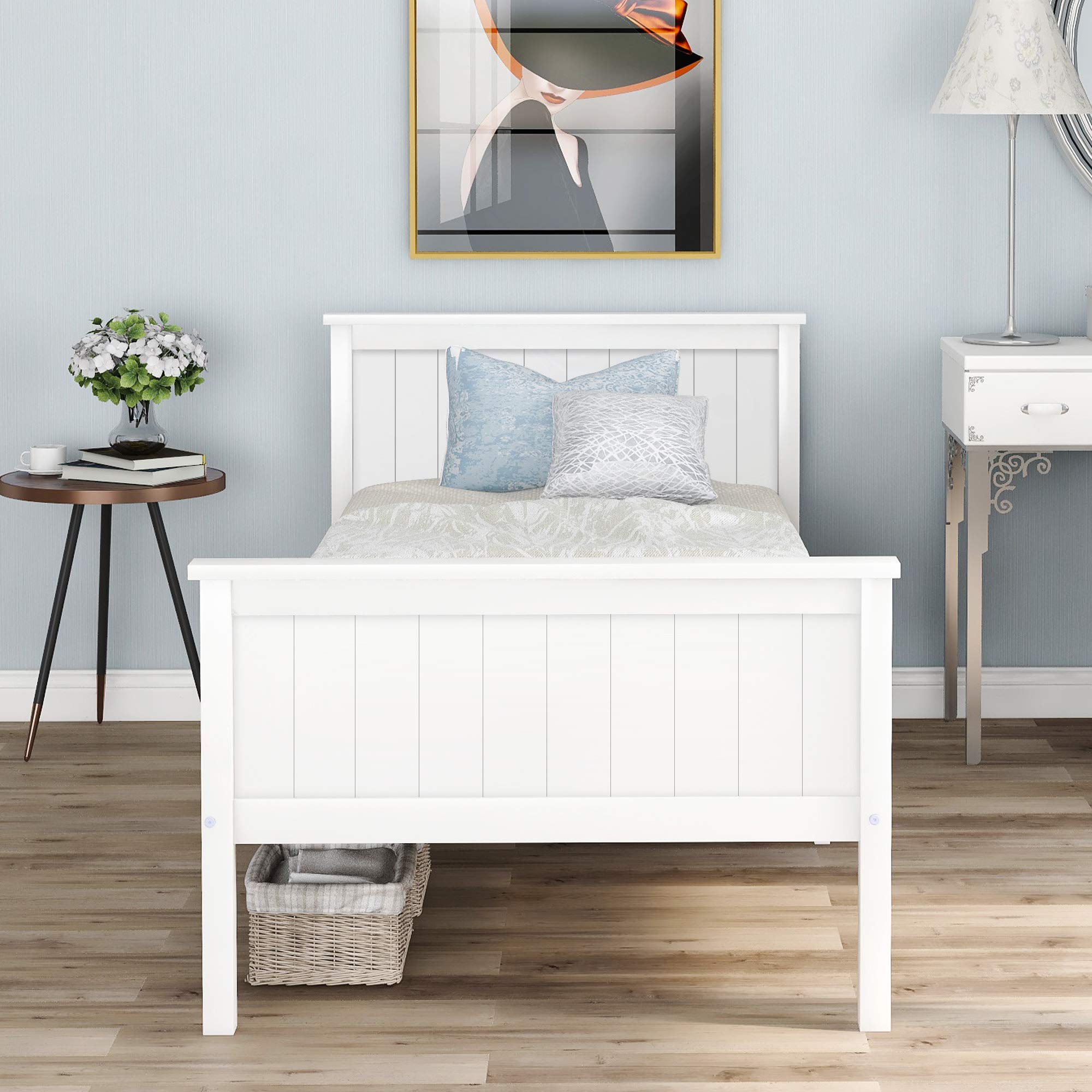 Harper & Bright DesignsWooden Bed Frame with Headboard and Footboard, Pine Wood Bed for Children's Bedroom, Ivory (Single Bed)