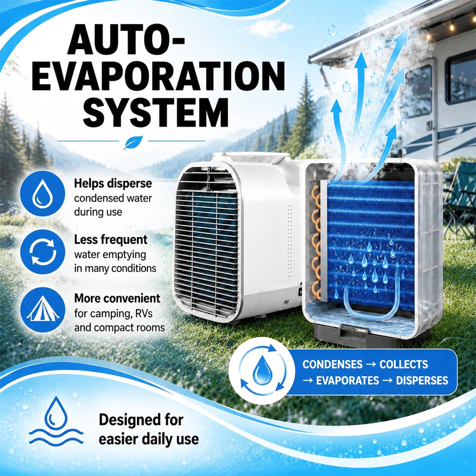 Aria Condizionata Portatile, Condizionatore Portatile per Camper 4400/5100BTU con 3 velocità Regolabili, Timer & Telecomando, 4-in-1 Deumidificatore, Condizionatore & Ventilatore