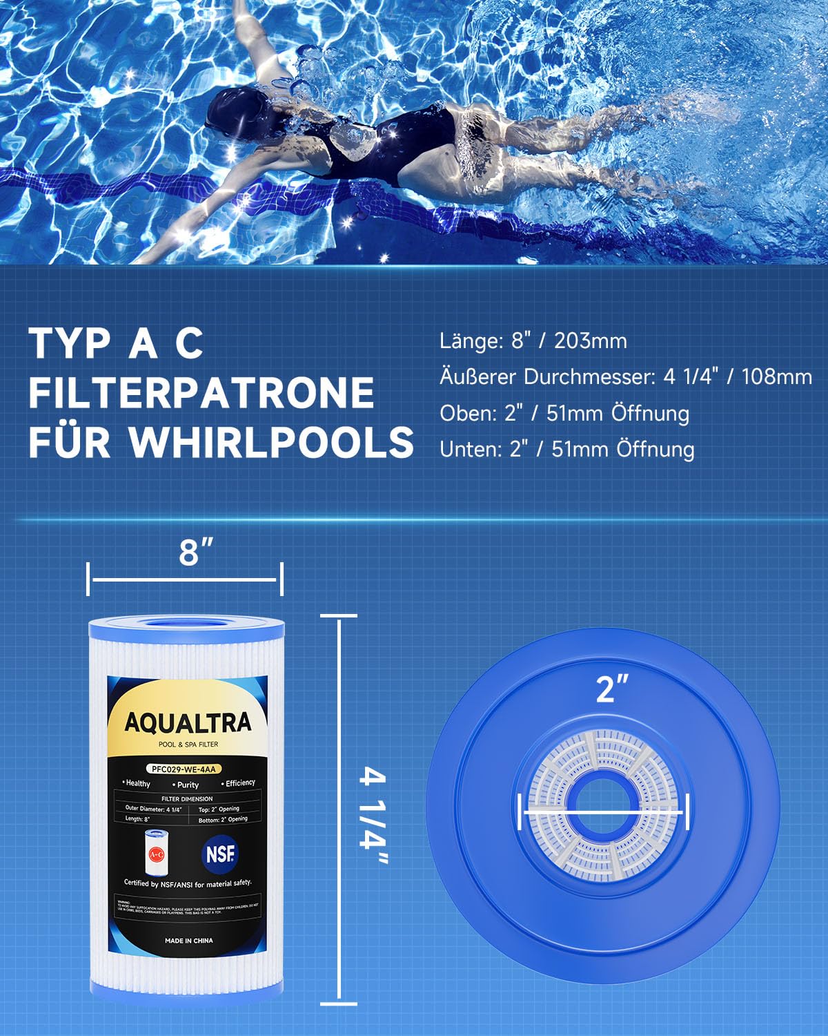 AQUALTRA Pool Filterkartusche Typ A oder C kompatibel mit 29000E/59900E, Easy Set Pool Filter, 203 x 108 MM Oberirdische Pool Filter 4 Stück