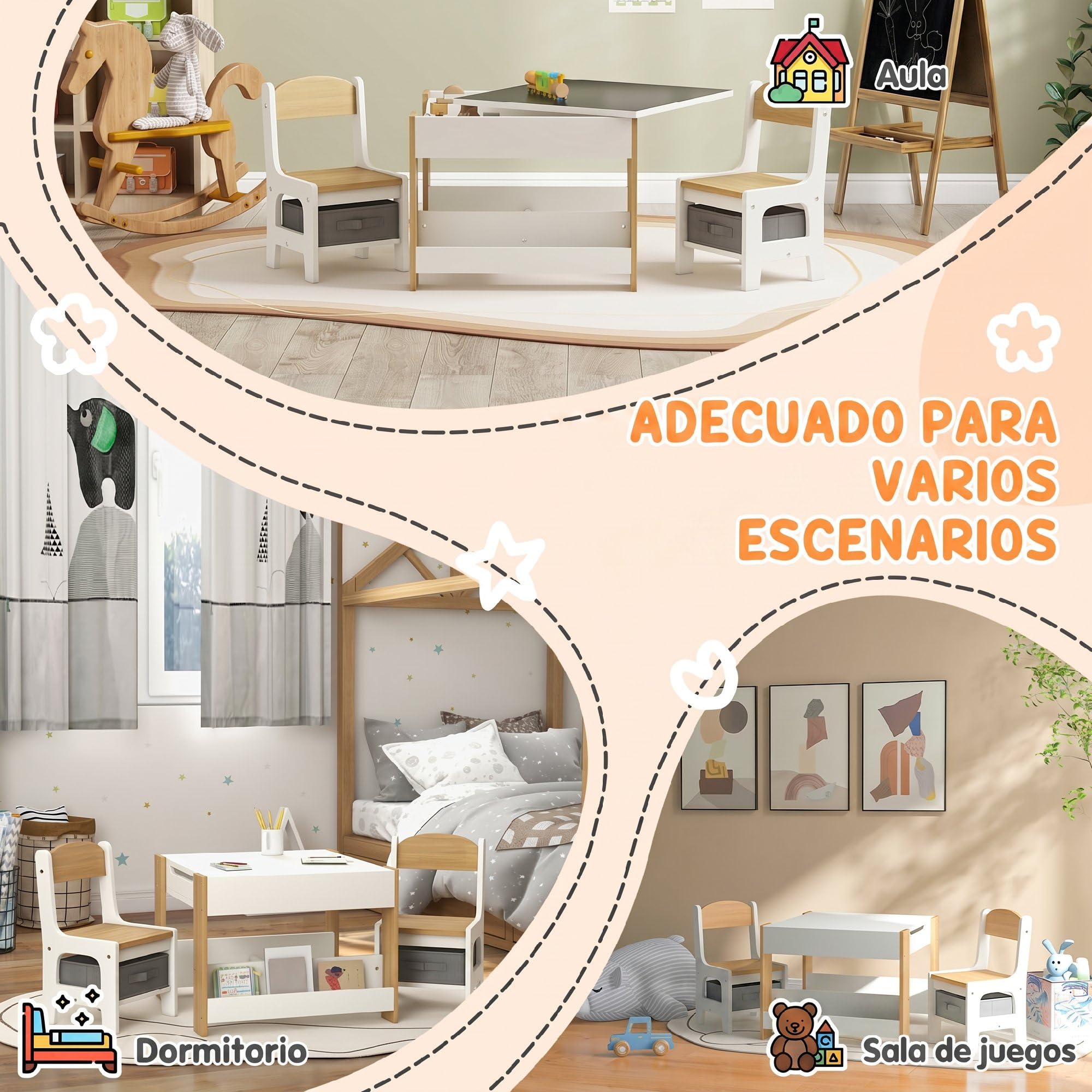 HOMCOM Juego de Mesa y 2 Sillas Infantiles Mesa con Sillas para Niños 3 en 1 con Pizarra Cajones de Tela y Espacio de Almacenamiento para Guardería Sala de Juegos Blanco y Natural