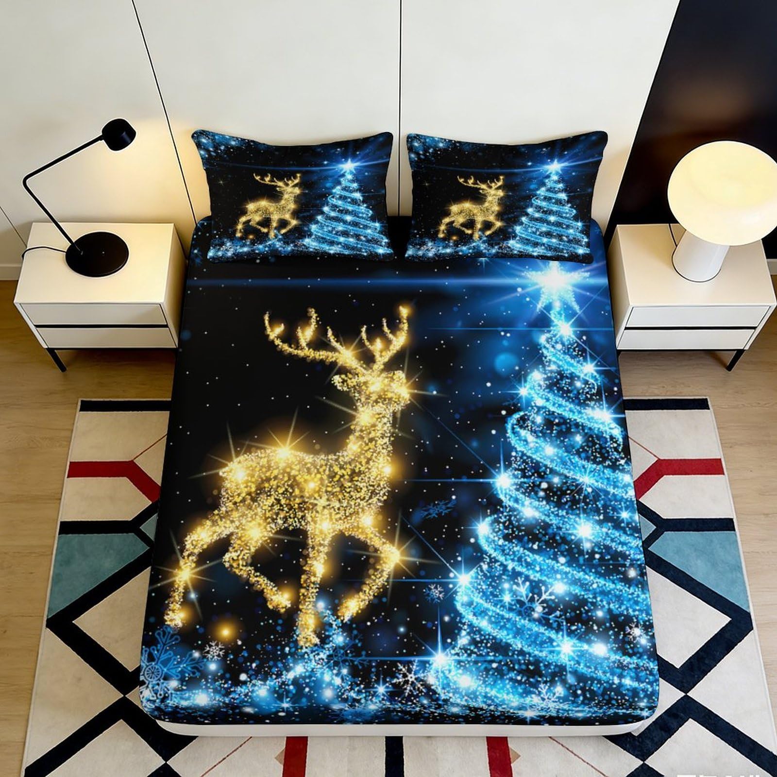Pnayamiorkfel Style-3 3D Printed Golden Reindeer Fitted Sheet Microfiber Soft Blue Christmas Tree Mattress Cover For Bedroom Guest Decor 90X200x25cm