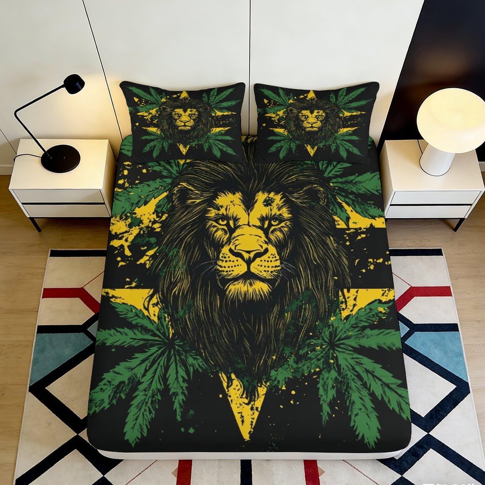 3D Printed Lion Pattern Deep Pocket Fitted Sheet Microfiber Non-Slip Elastic Hem Lion Mattress Fitted Cover 200x200x25cm 90x200x25cm