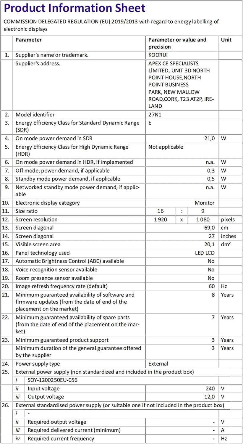 KOORUI Monitor 27 pollici, Schermo 27 Full HD(1920x1080), IPS, 75Hz, 5 ms, VGA, HDMI, 99% sRGB, Flicker Safe KOORUI Monitor 27 pollici, Schermo 27 Full HD(1920x1080), IPS, 75Hz, 5 ms, VGA, HDMI, 99% sRGB, Flicker Safe
