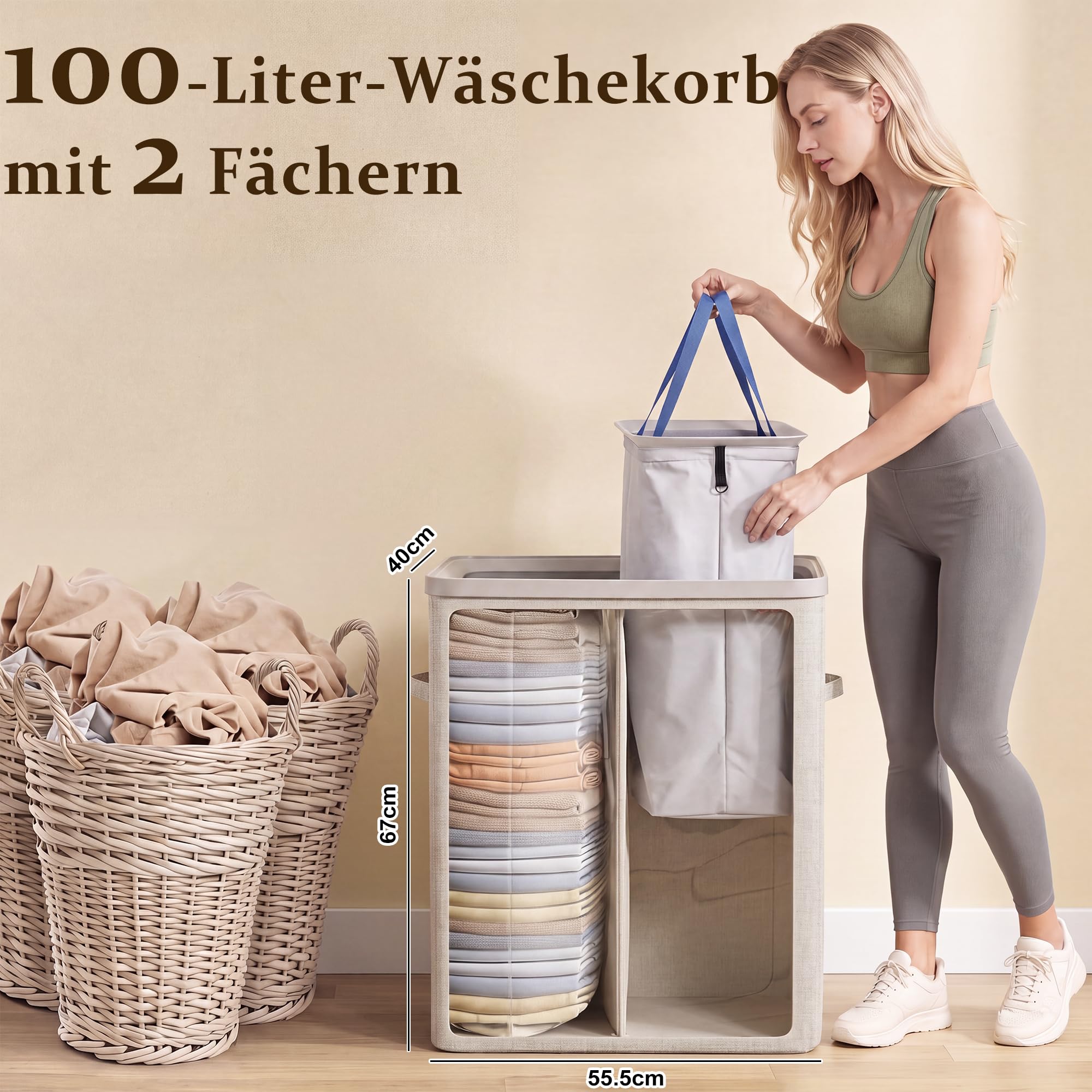 100L Wäschekorb mit Deckel, Wäschesammler 2 Fächer mit herausnehmbaren Wäschesäcken, Faltbare Wäschebox für Schmutzwäsche, Wäschebehälter für Badezimmer und Schlafzimmer, Beige
