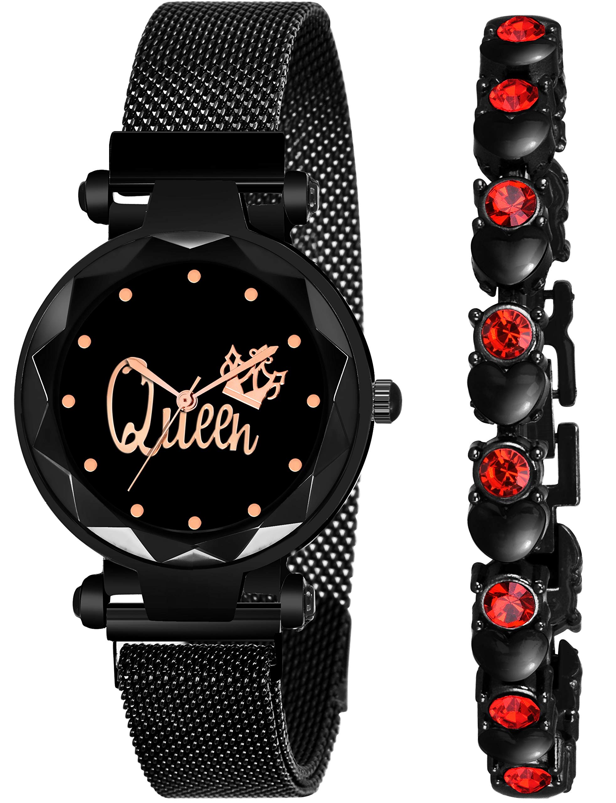 MIVAAN Black Magnet Strap Analogue Womens and Girls Watch Sweet Heart Black Bracelet Combo for Girls & Womens Watch (Set of 2) (Queen Black-55) (B095XBPPTZ) Amazon Price History, Amazon Price Tracker