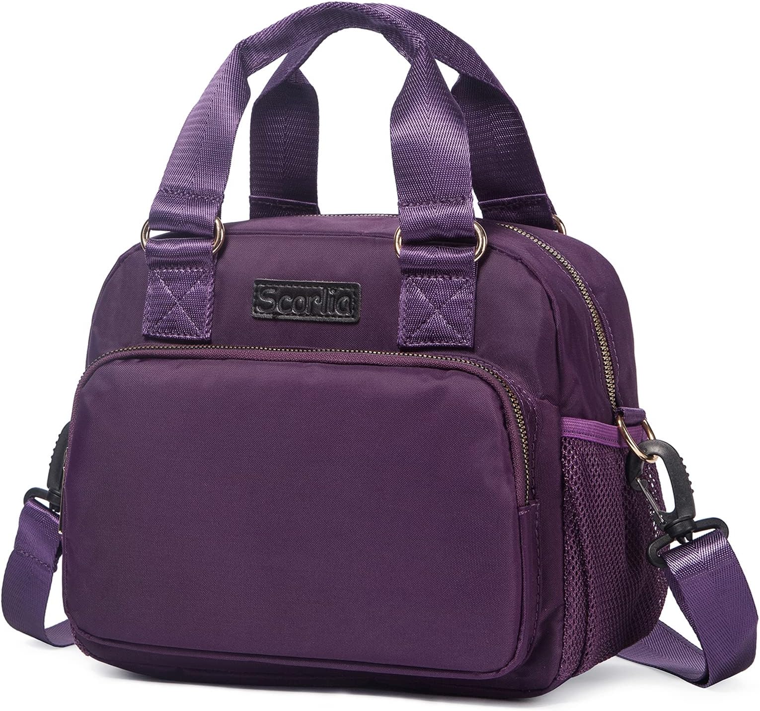 Scorlia Insulated Lunch Bag for Women, Reusable Lunch Cooler Tote Box, Lunch Organizer with Adjustable Shoulder Strap, Front Zipper Pocket and Mesh Side Pockets for Kids/Adults, School, Work, Purple