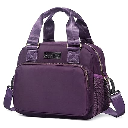 Scorlia Insulated Lunch Bag for Women, Reusable Lunch Cooler Tote Box, Lunch Organizer with Adjustable Shoulder Strap, Front Zipper Pocket and Mesh Side Pockets for Kids/Adults, School, Work, Purple