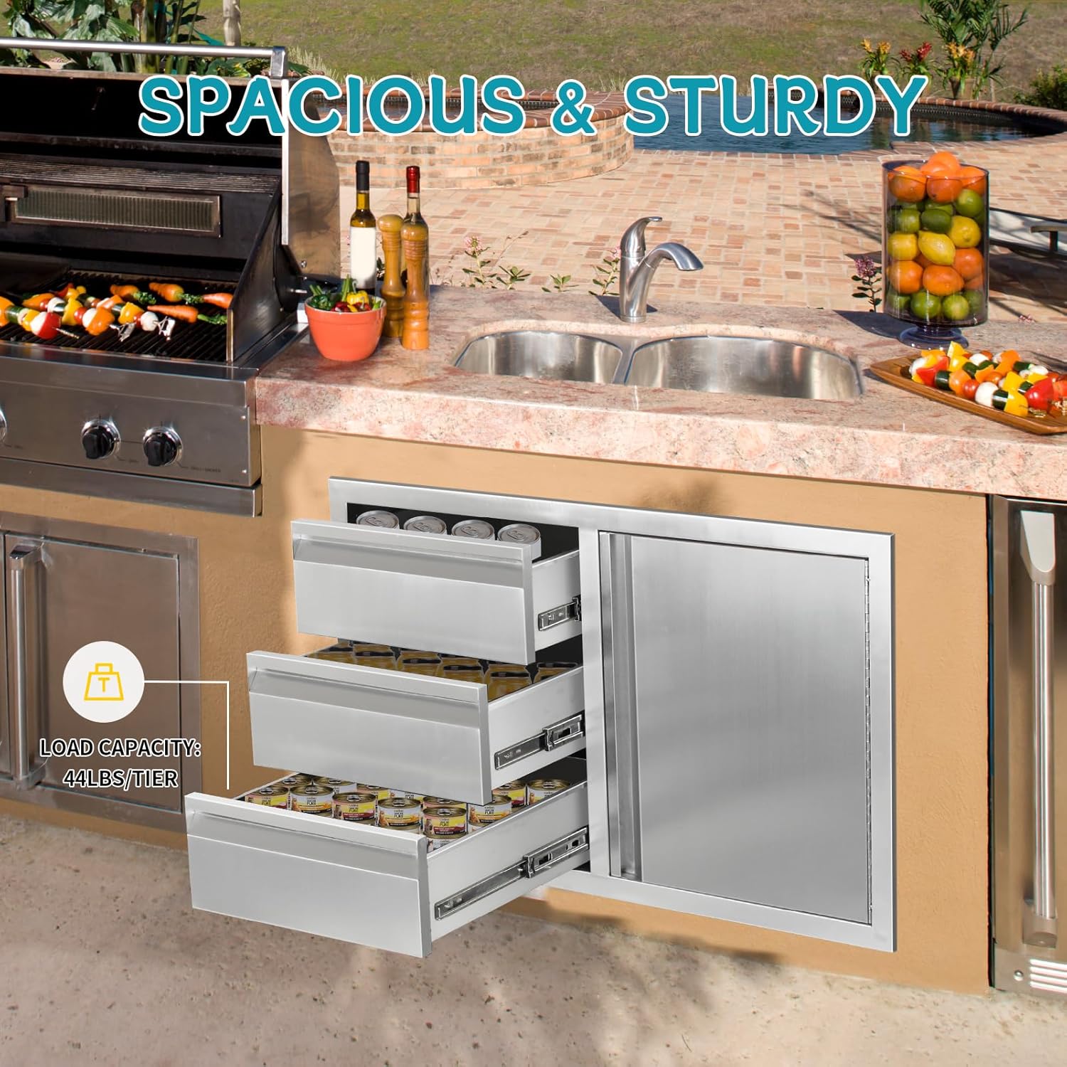 Outdoor Kitchen Door Drawer Combo Cabinet,38.1W x 22.6H x 20.8D Stainless Steel with Handles,Triple Drawers & BBQ Access Combo for Outdoor Kitchen Island (Drawer and Right Door Combo)