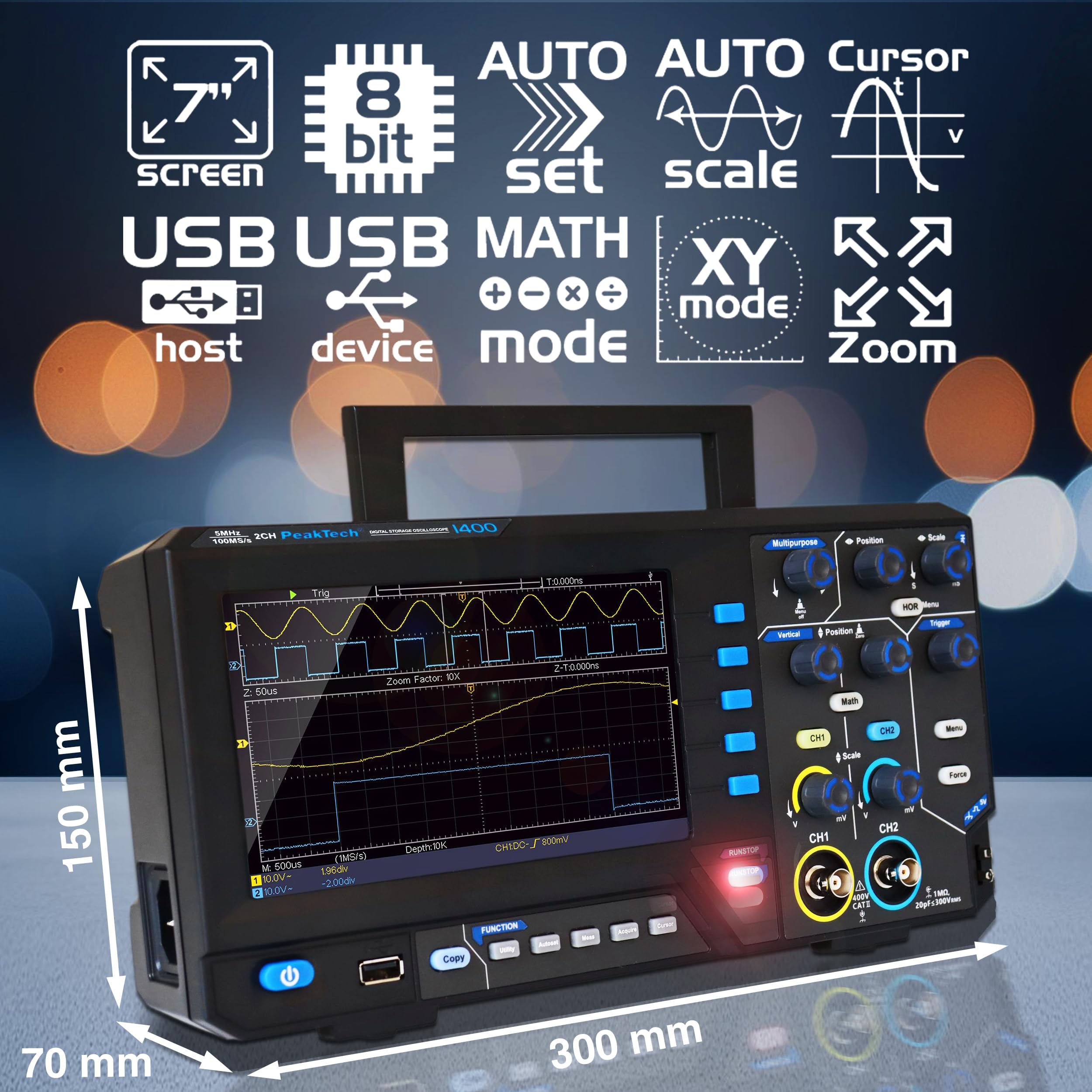 PeakTech 1402 - Oscilloscopio digitale a 2 canali [3 anni di garanzia] 20 MHz, 250 MS/s, interfaccia USB, software PC, Oscilloscopio P 1402, nero, oscilloscopio USB, oscilloscopio multimetro