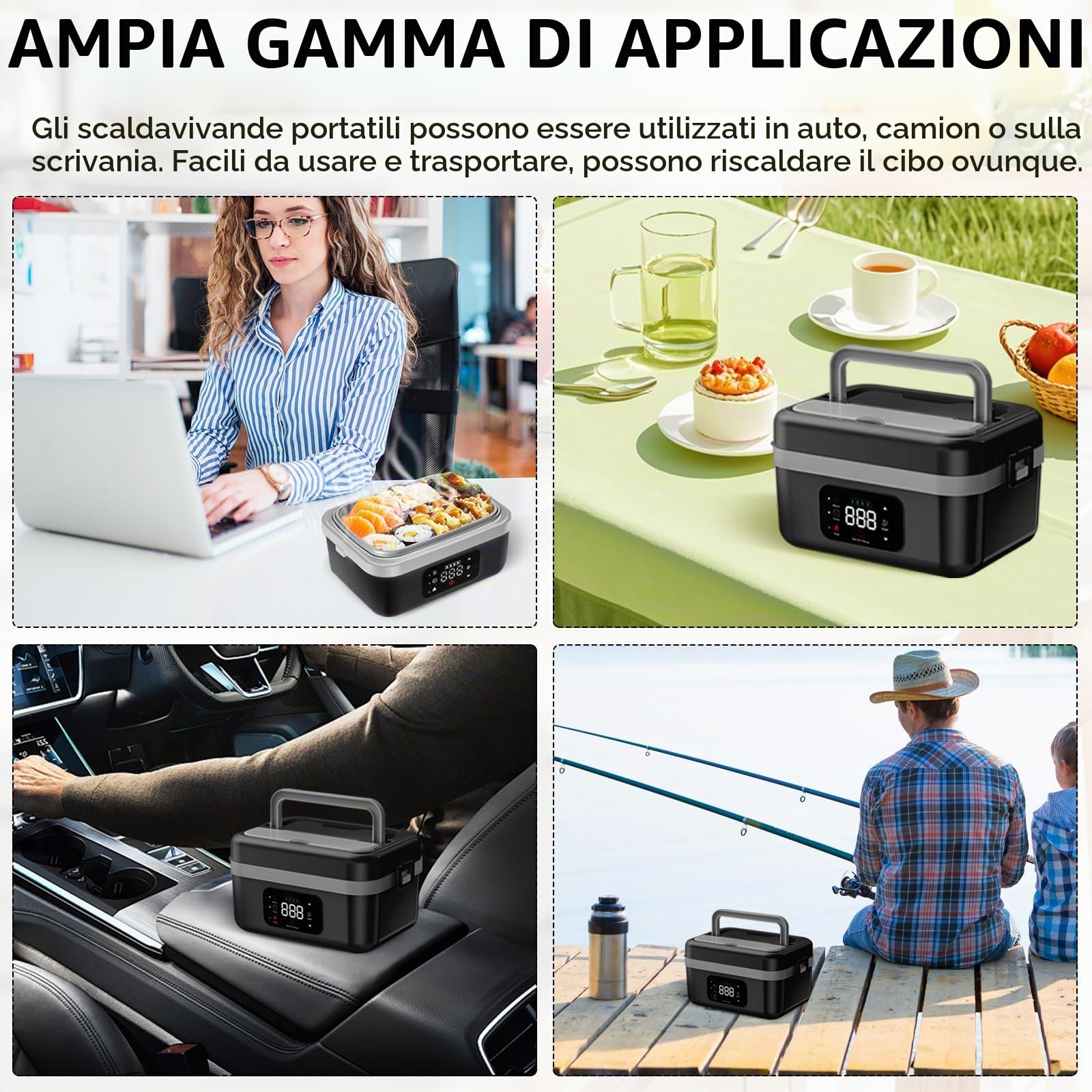 Lunch Box Elettrico Portatile, Scaldavivande Porta Pranzo Riscaldabile con Timer, Scatole Bento Prova di Perdite, Lunch Box Ricaricabile Autoriscaldante Senza Fili per Pasti Fuori Casa