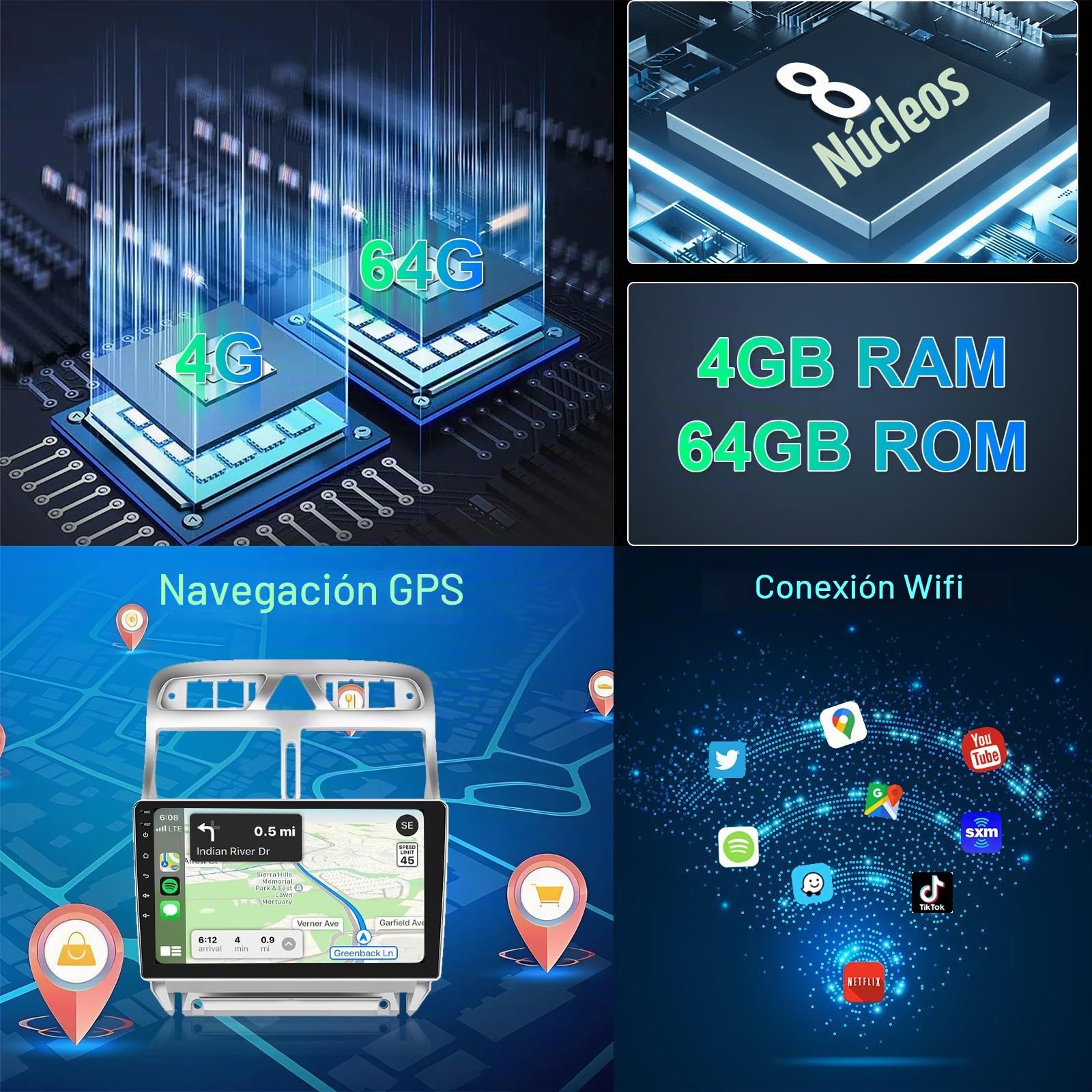 8 Core 4G+64G Hodozzy Radio para Peugeot 307 307CC 307SW 2002-2013 Android 9 Pulgadas IPS Pantalla Táctil Navegación GPS Carplay Android Auto Inalámbrico 2 DIN Radio Bluetooth DSP WiFi FM RDS Cámara
