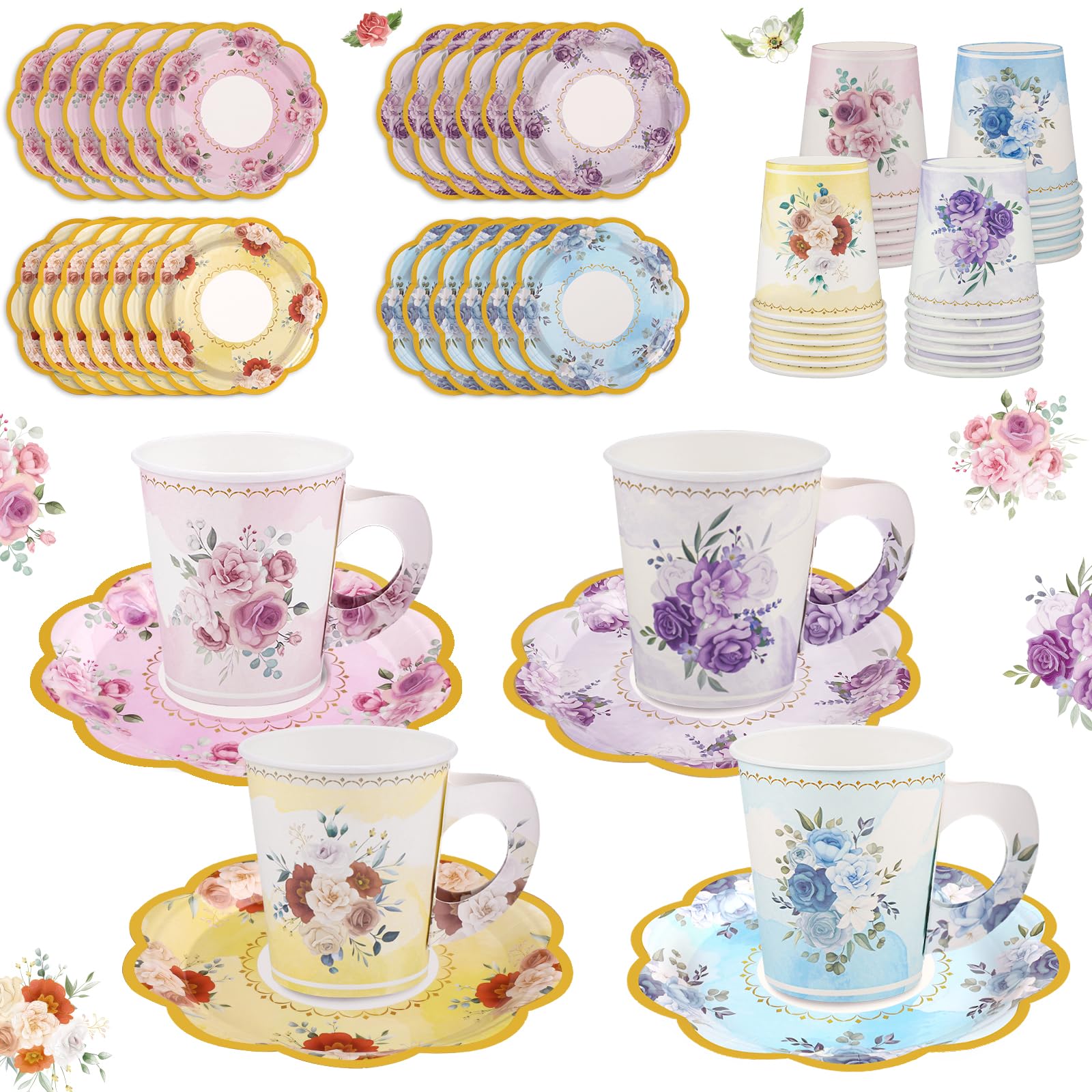 Photo 1 of ***MISSING PIECES *** Disposable Paper Tea Cups 7 OZ Floral Tea Party Cups with Handle and Plates Teacups and Saucer Sets for Garden Party Baby Bridal Shower Birthday(Watercolor Style)