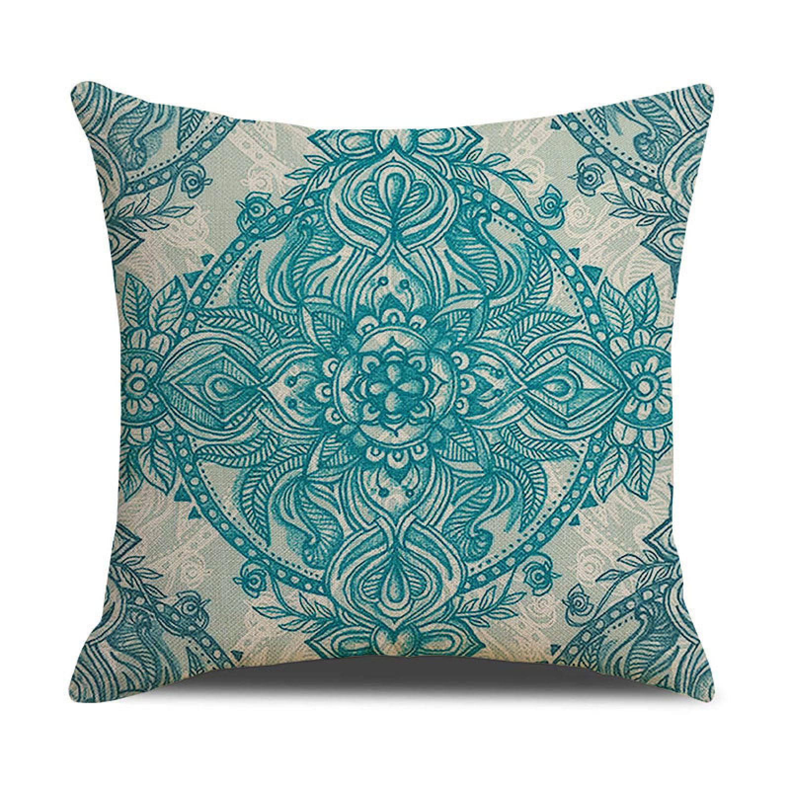 Cushion Covers 40cm x 40cm Retro Green Mandala Decorative Pillows Linen Square Sofa Bed Cushions with Invisible Zipper Throw Pillow for Living Room Outdoor Pillowcases