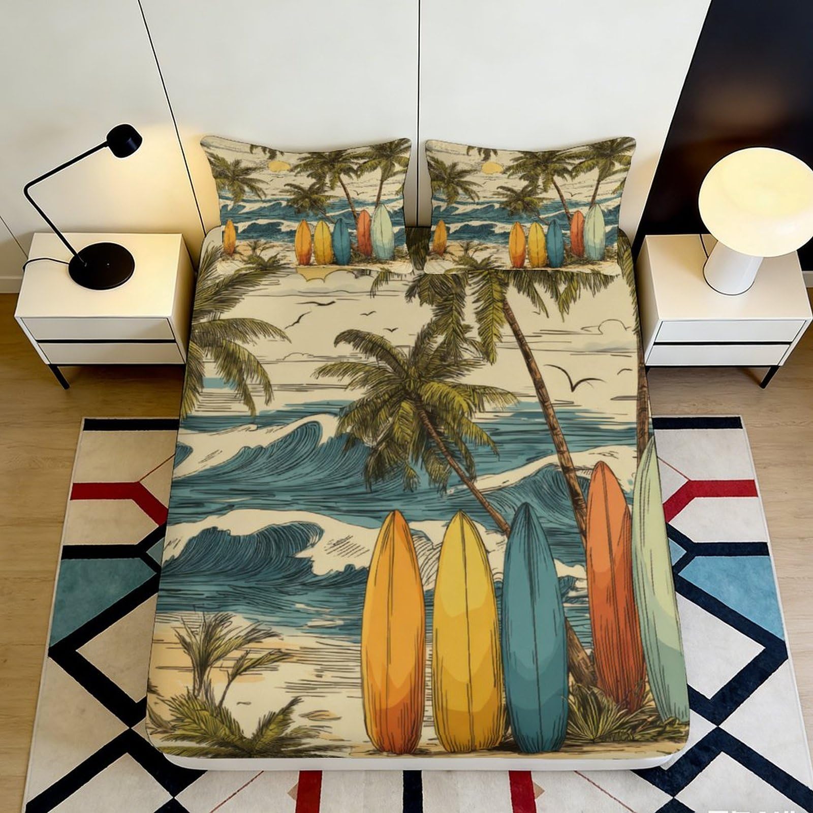 3D Printed Tropical Beach Surfboard Fitted Sheet Microfiber Soft Coastal Wave Bed Cover Bedroom Decor 90x200x25cm