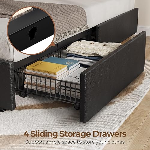 Miniatura 7 de Rolanstar Base de cama tamaño Queen con luces LED y puertos USB, cama tapizada de piel sintética con cabecero ajustable y 4 cajones de