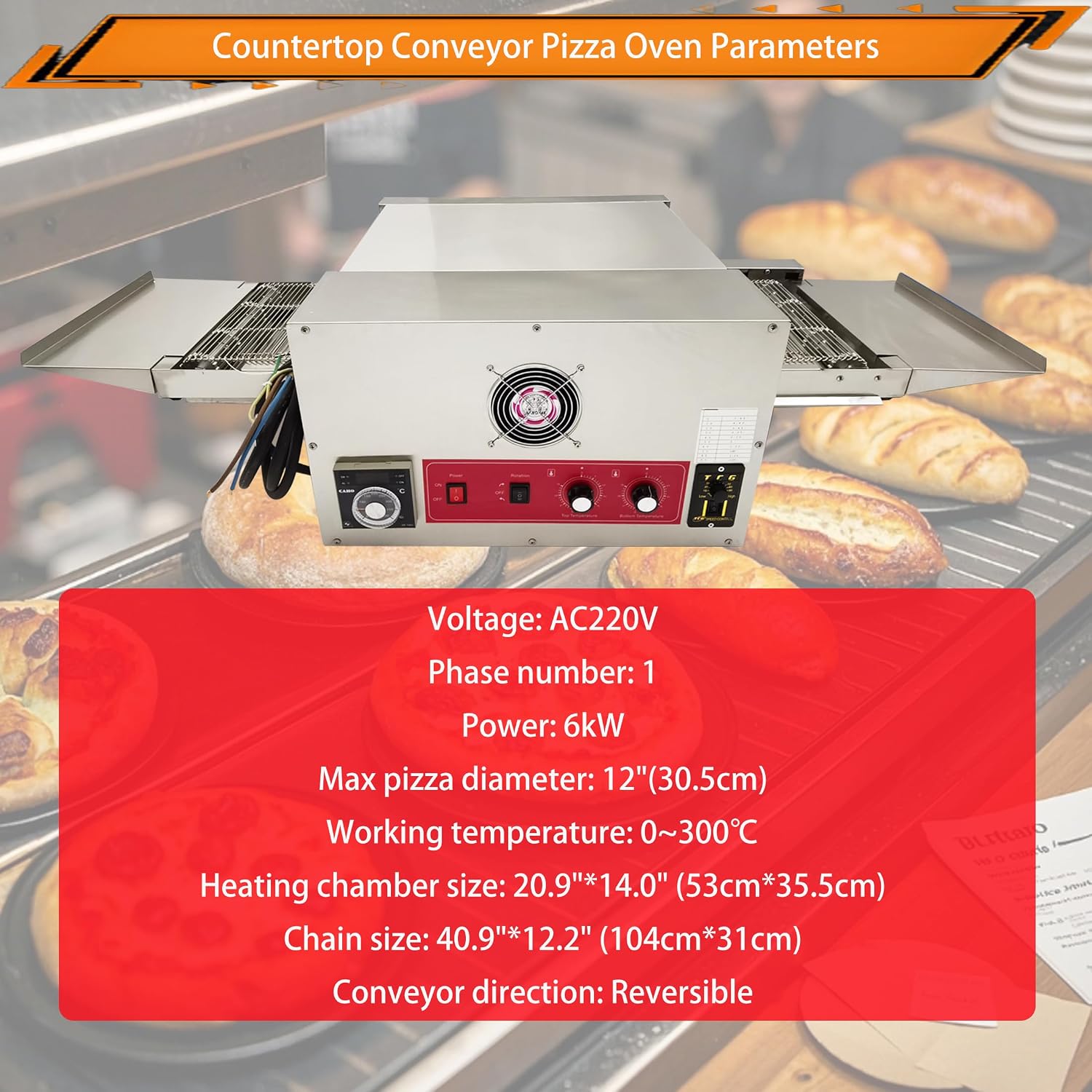 INTSUPERMAI Countertop Conveyor Pizza Oven 12" Commercial Electric Pizza Oven Stainless Steel for Pizzerias, Restaurants & Multi-Food Baking 220V, 6000W