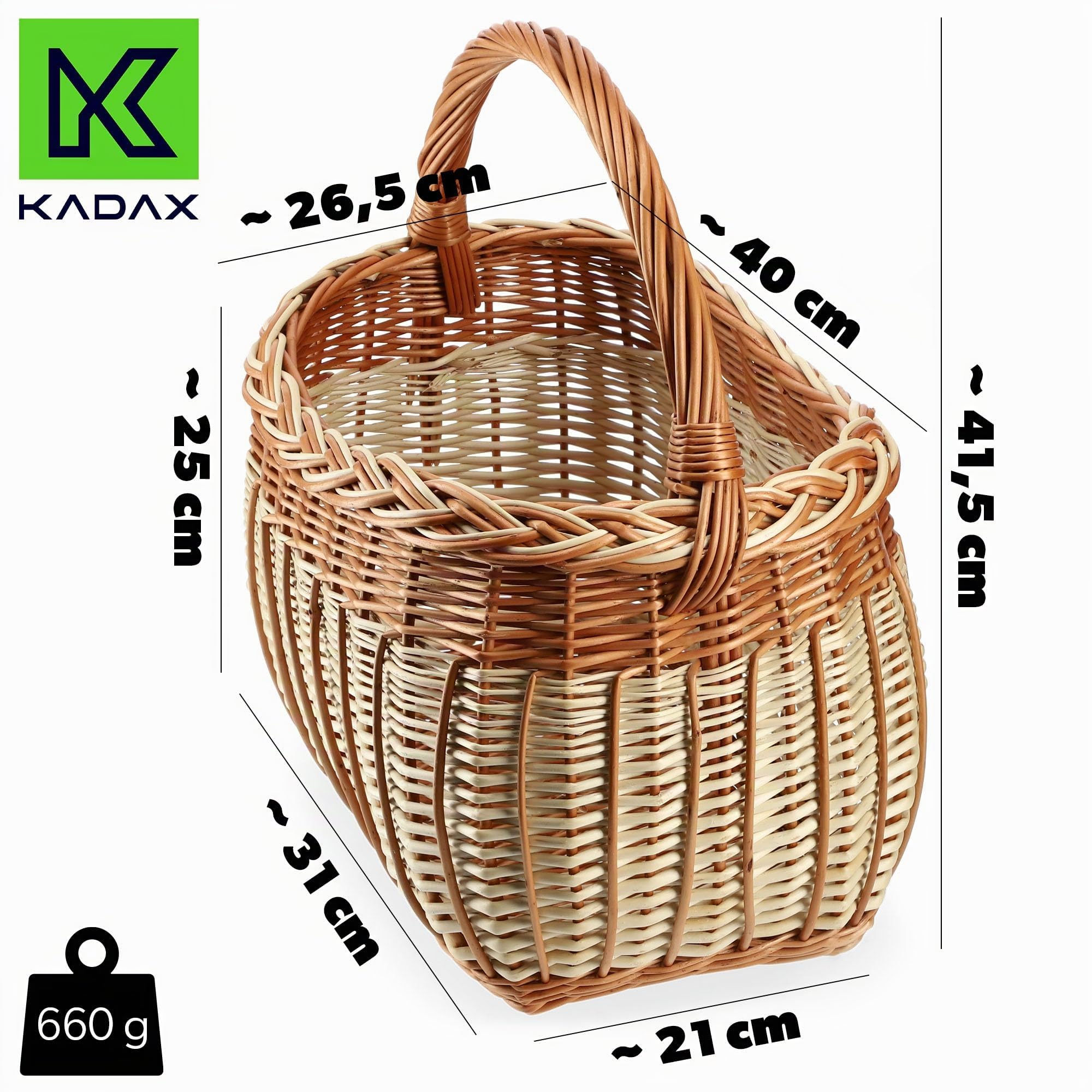 KADAX Panier en osier pour champignons, ovale, robuste, avec poignée de poignée, pour le jardin, le transport, 31 x 26 x 41 cm